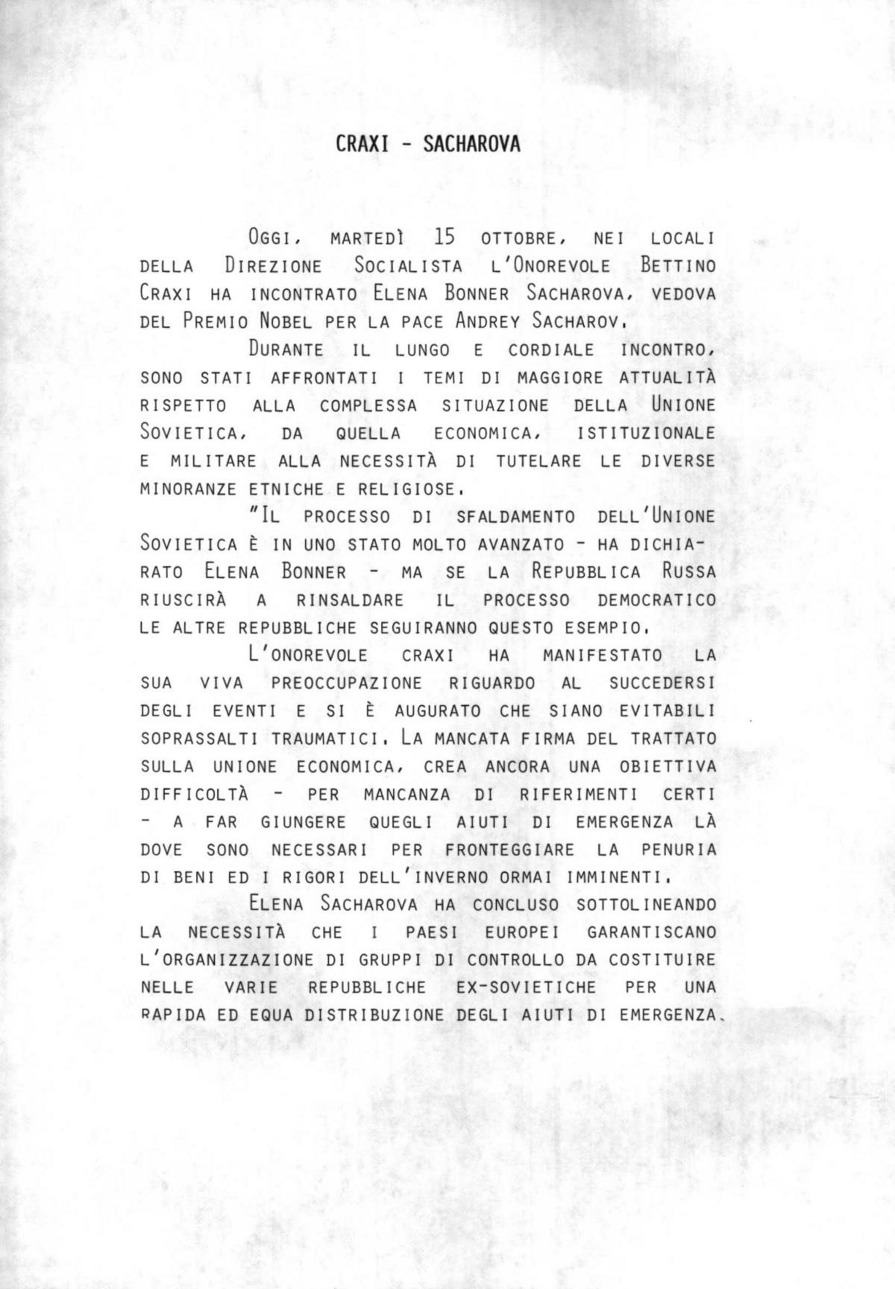 Incontro di Craxi con Elena Bonner Sacharova, 15/10/1991