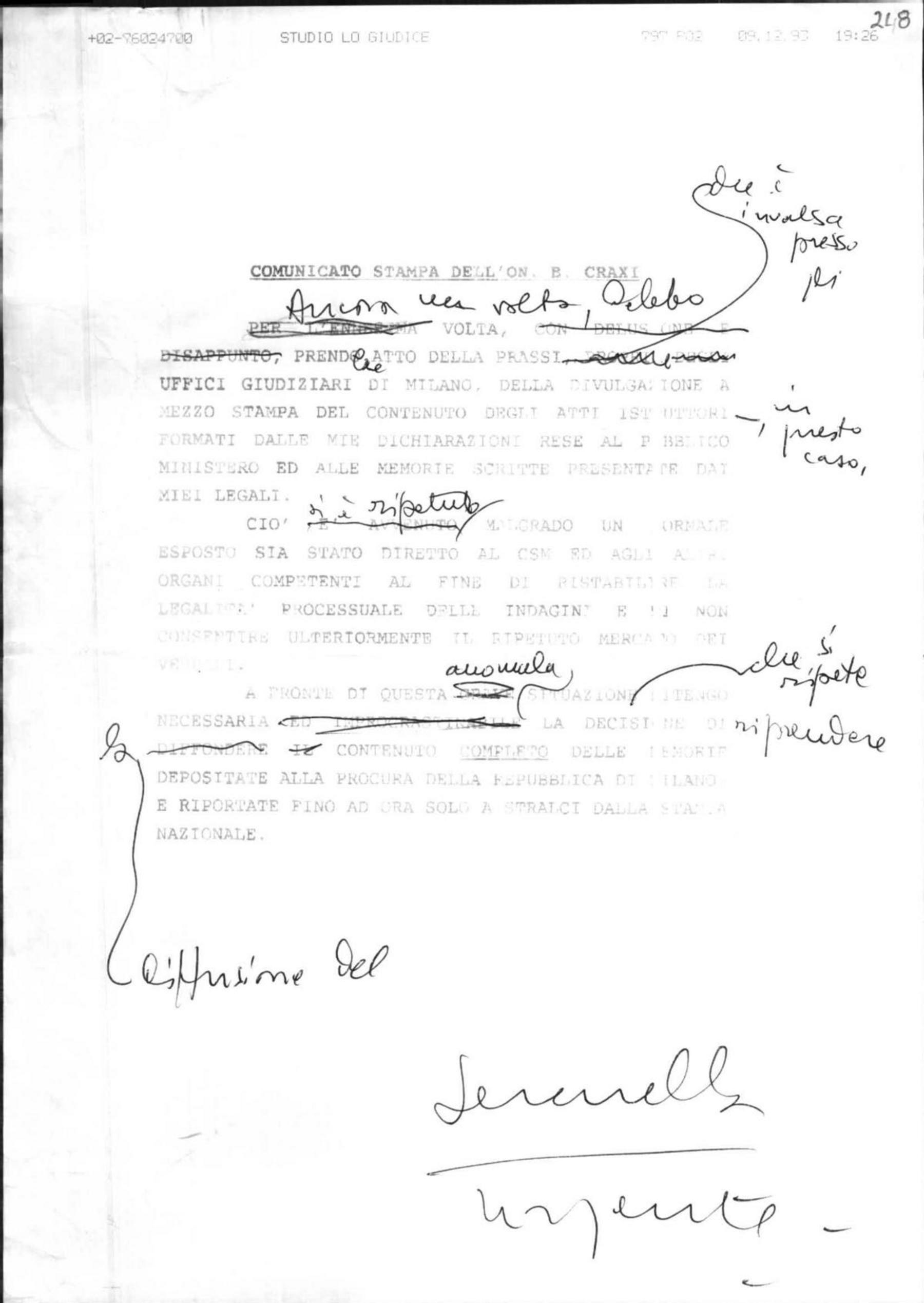 Sulla indebita divulgazione a mezzo stampa del contenuto degli atti istruttori da parte degli uffici giudiziari di Milano, 10/12/1993
