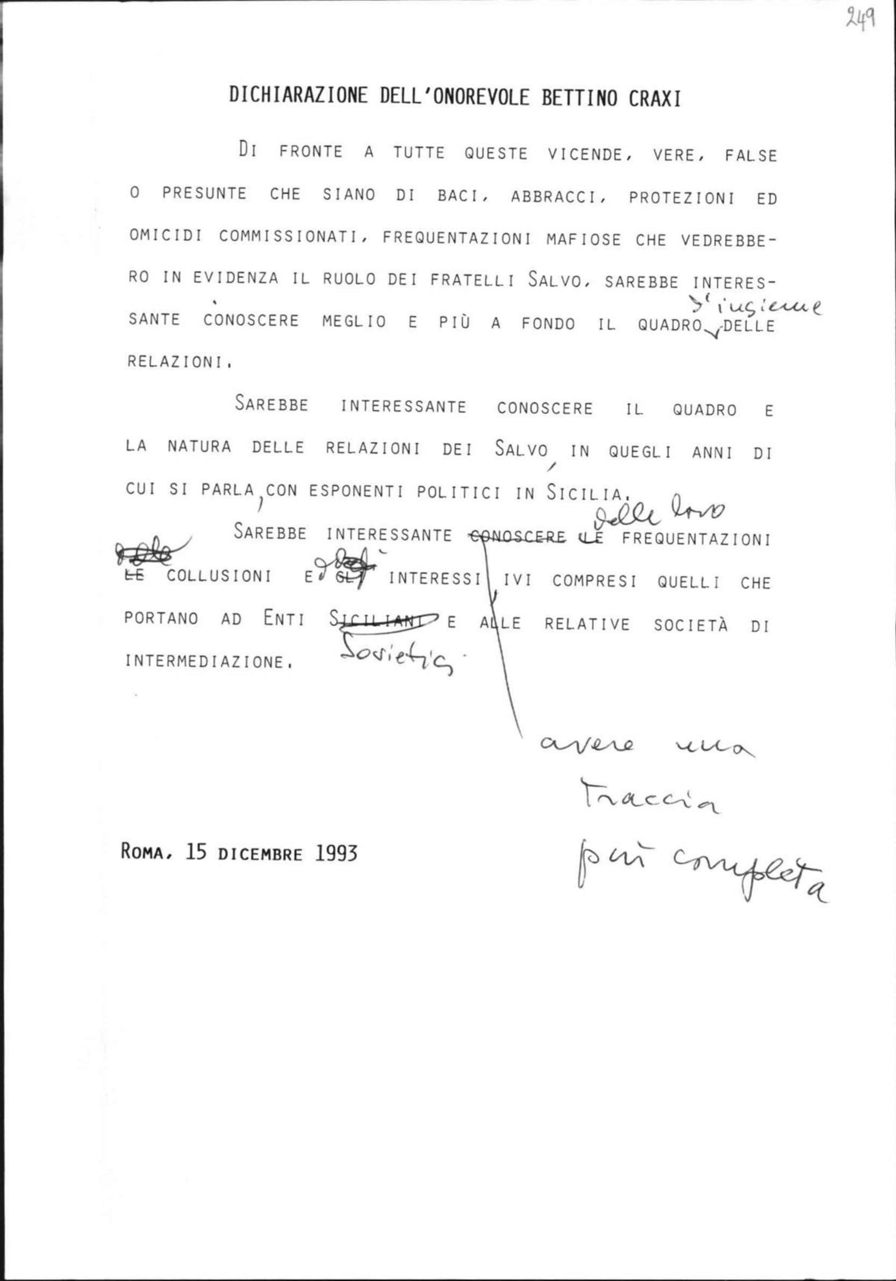 Dichiarazione di Craxi sul ruolo e le relazioni dei fratelli Salvo, 15/12/1993