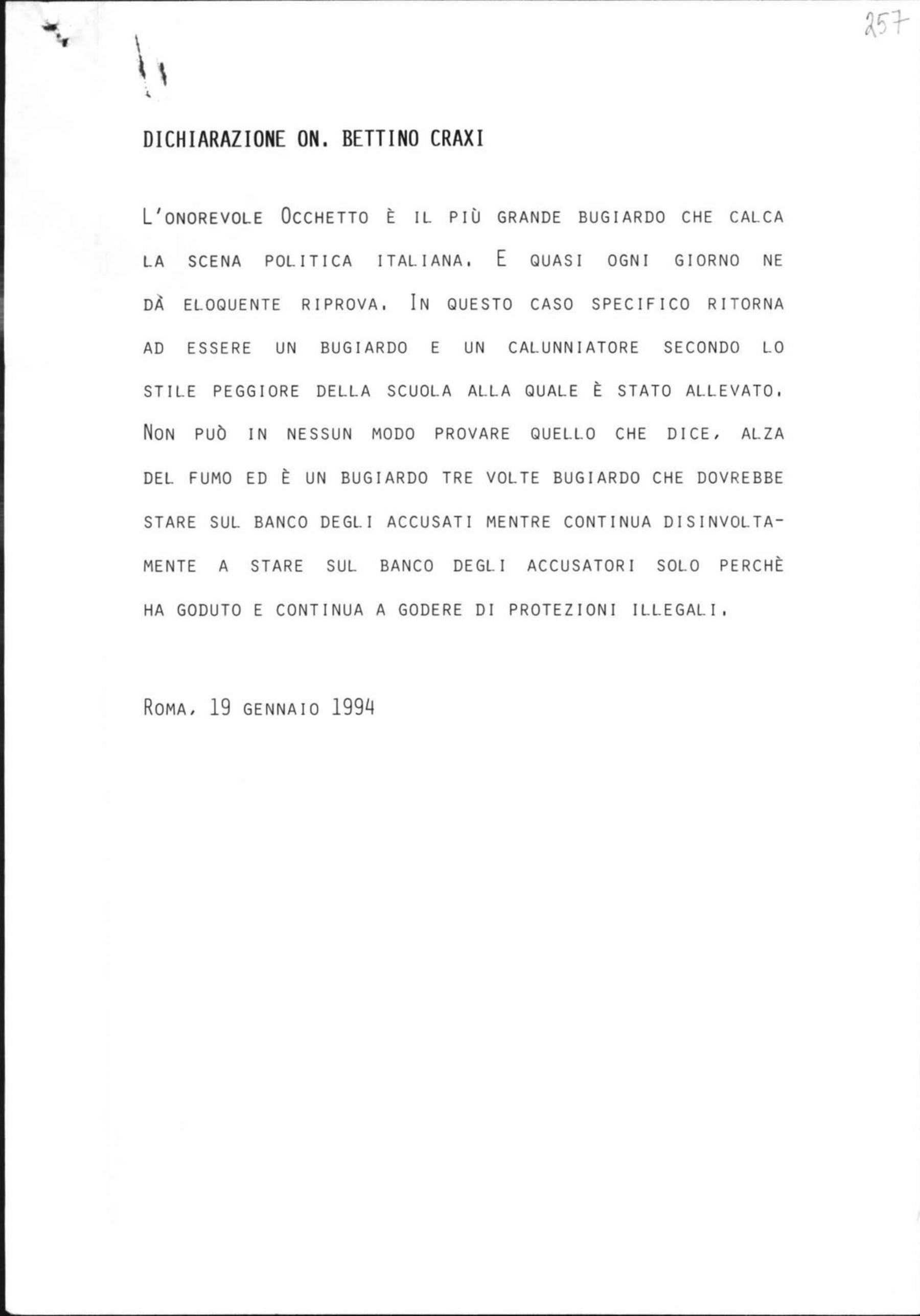 Sulle falsità contenute in dichiarazioni di Occhetto, 19/1/1994