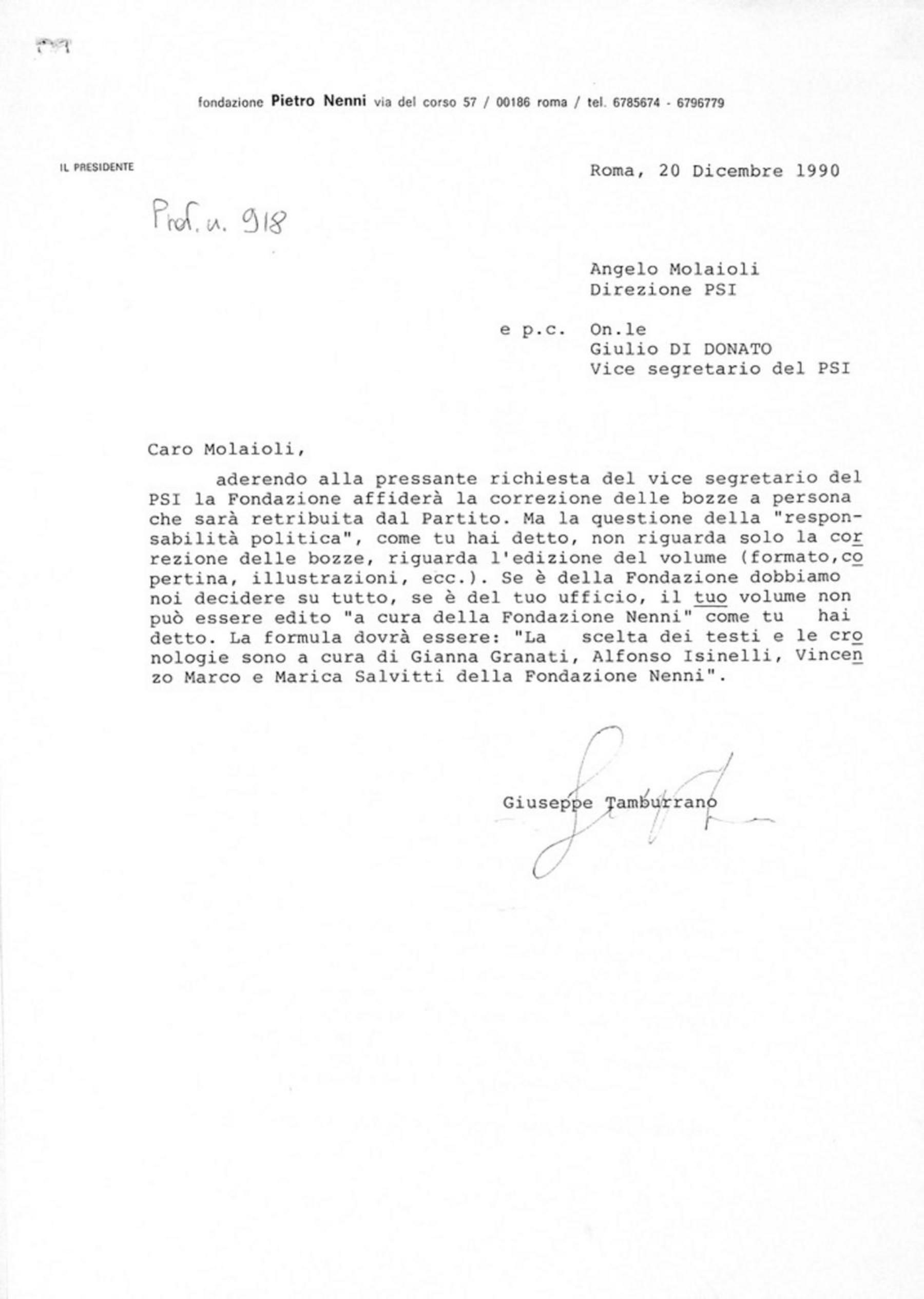 Giuseppe Tamburrano ad Angelo Molaioli, 20/12/1990