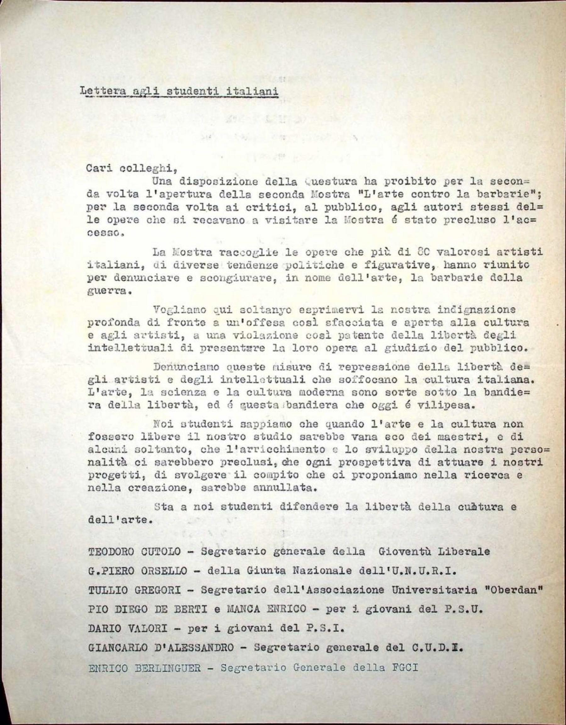 "Lettera agli studenti italiani", lettera aperta in difesa della libertà della cultura e dell'arte firmata tra gli altri da Gian Piero Orsello per la Giunta nazionale UNURI, 1952
