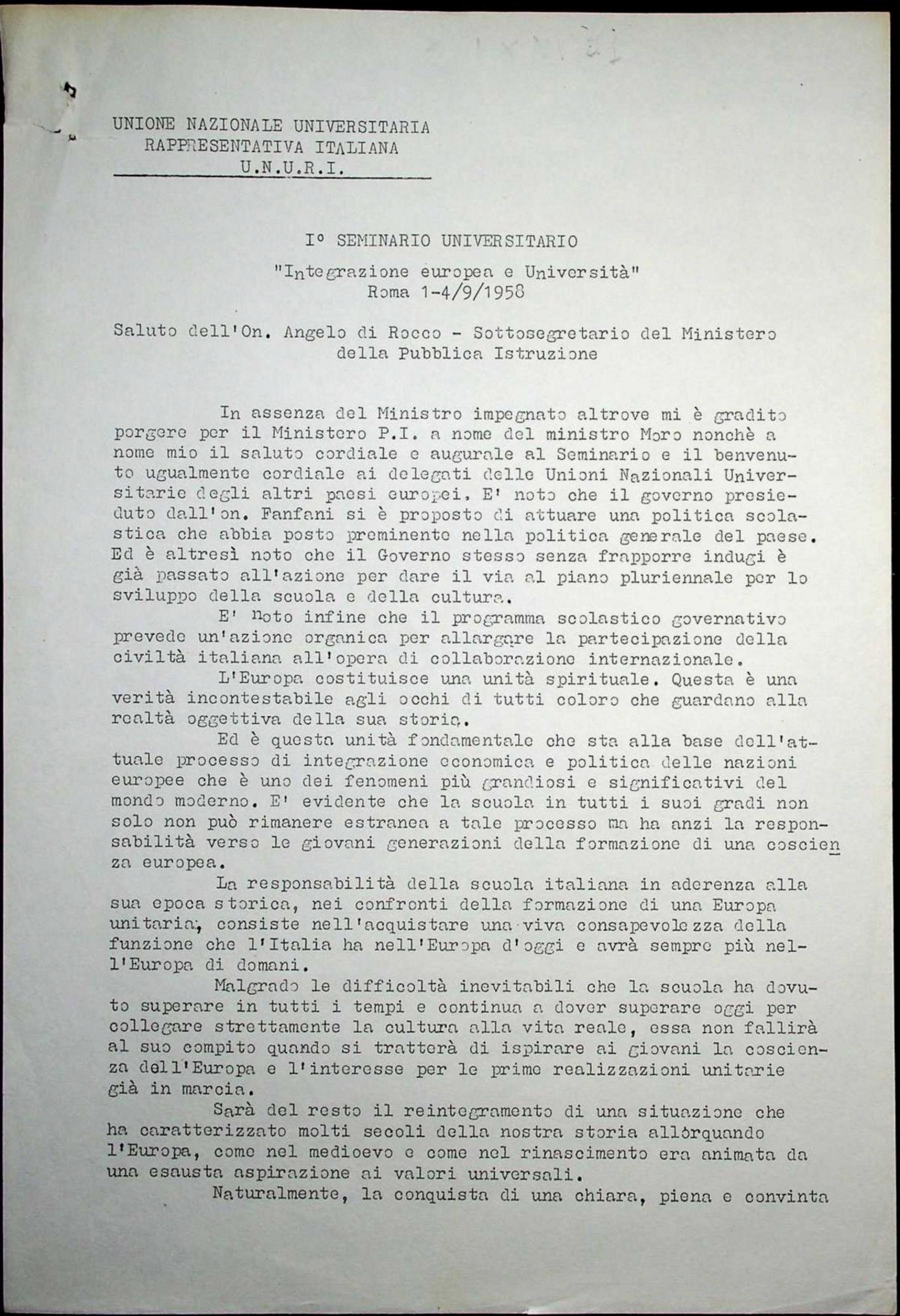 "I Seminario Universitario Integrazione europea e Università - Roma 1-4/9/1958: Saluto dell'on. Angelo Di Rocco - Sottosegretario del Ministero della Pubblica Istruzione", 01/09/1958
