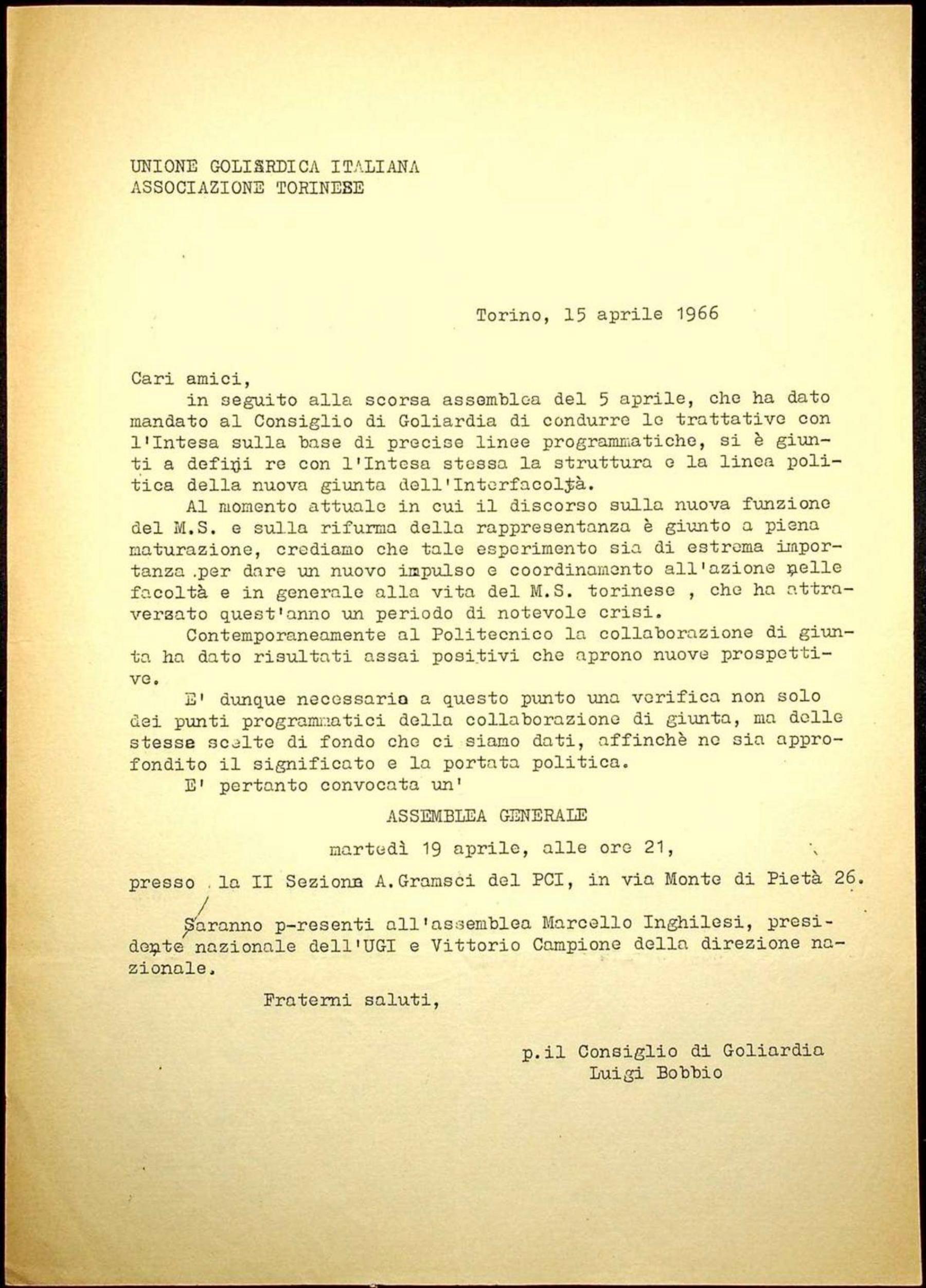 Convocazione dell'assemblea generale dell'Associazione, 15/04/1956