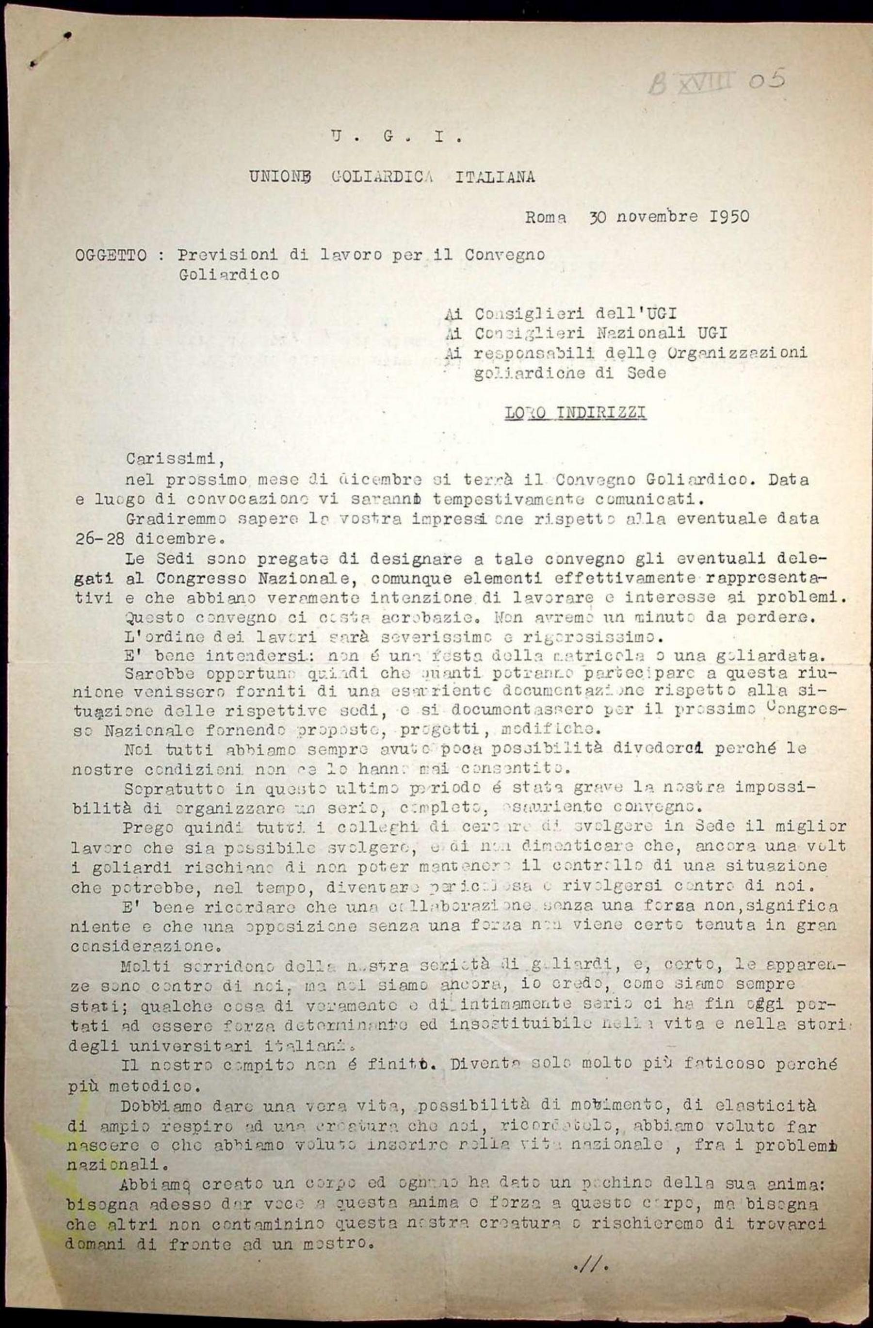 "Previsioni di lavoro per il Convegno Goliardico", a firma dell'incaricato UGI Armando Costa, 30/11/1950
