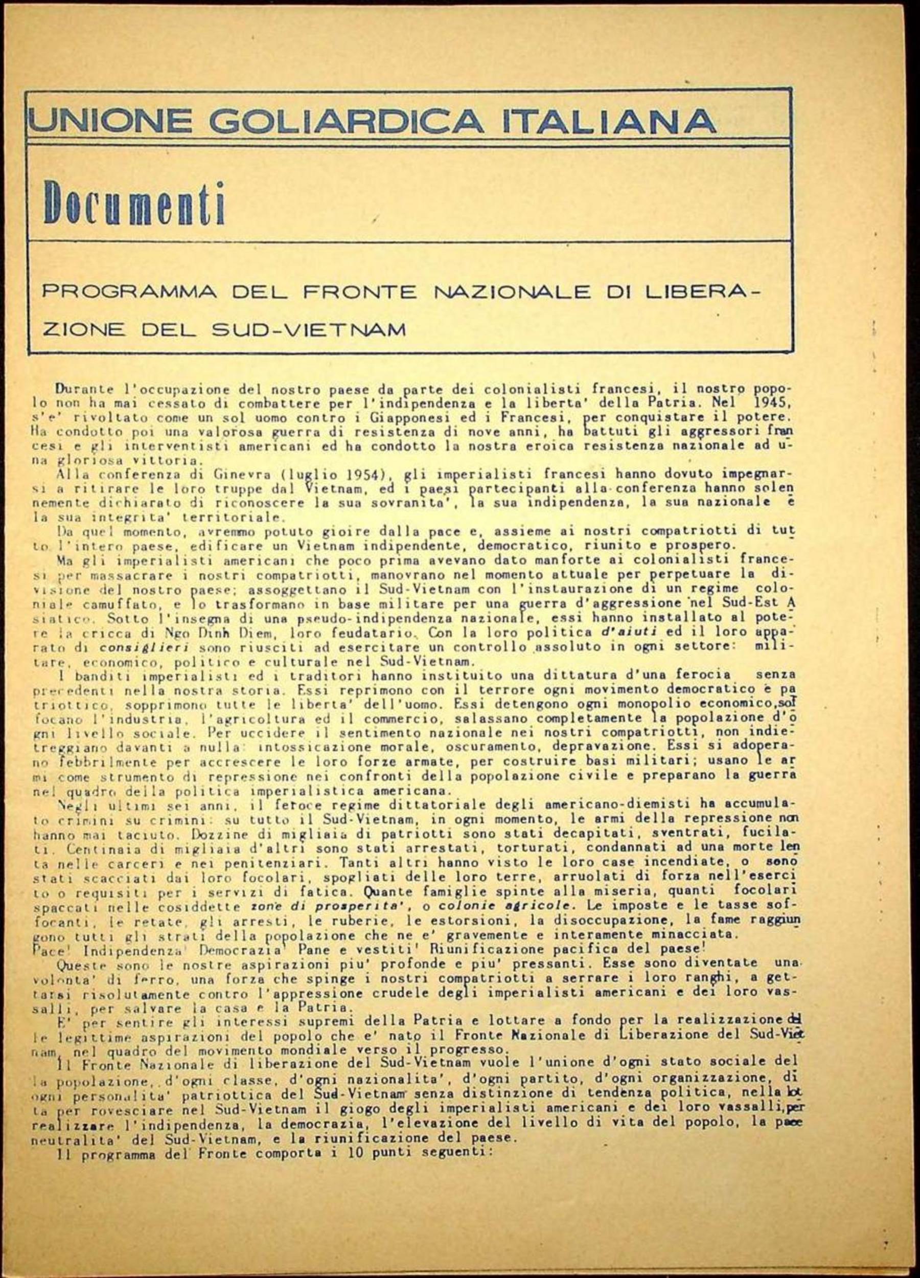 "Programma del Fronte Nazionale di Liberazione del Sud Vietnam", in "Unione Goliardica Italiana - Documenti", 1966