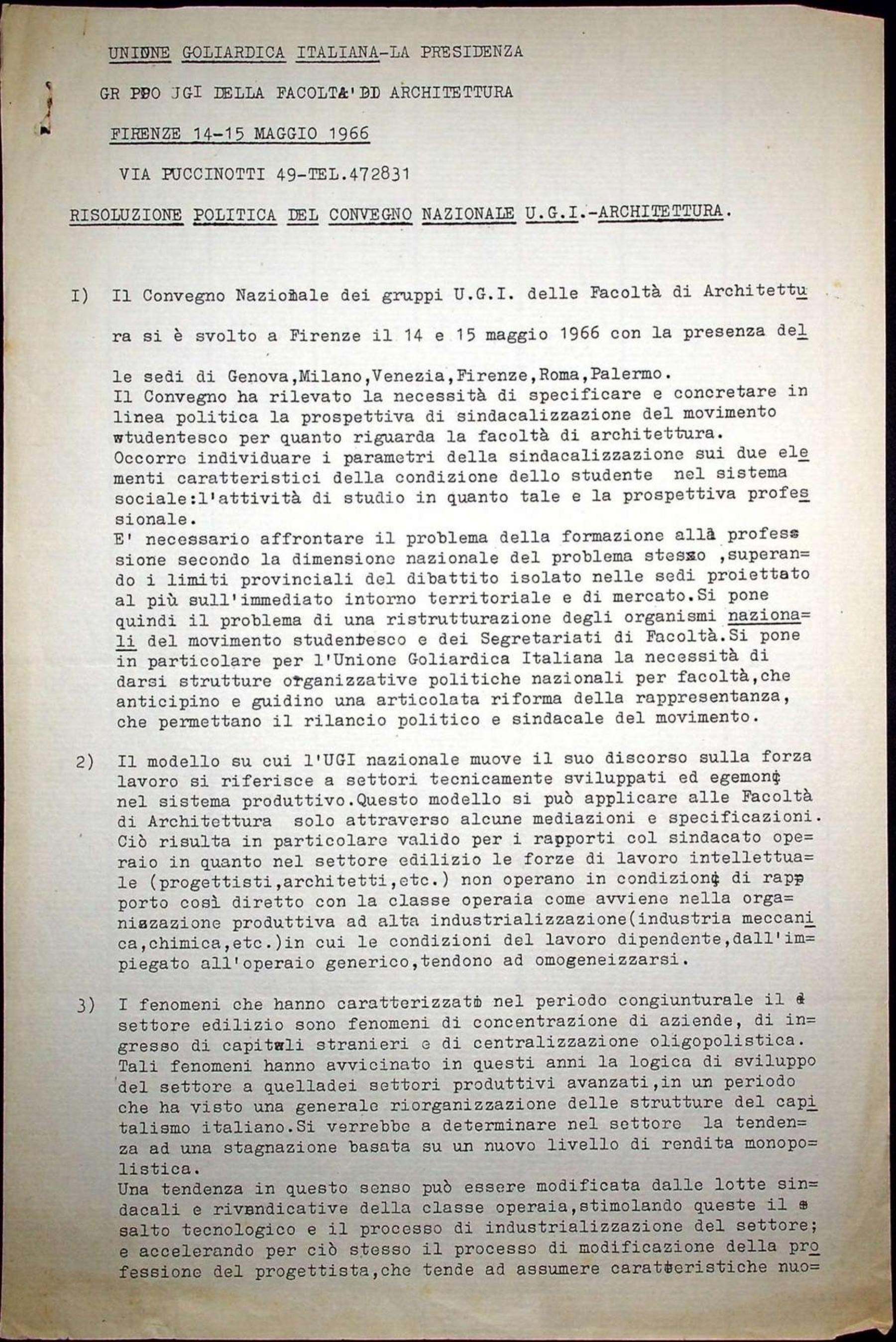 Documentazione diversa sul convegno nazionale UGI Architettura, 03/1966-05/1966