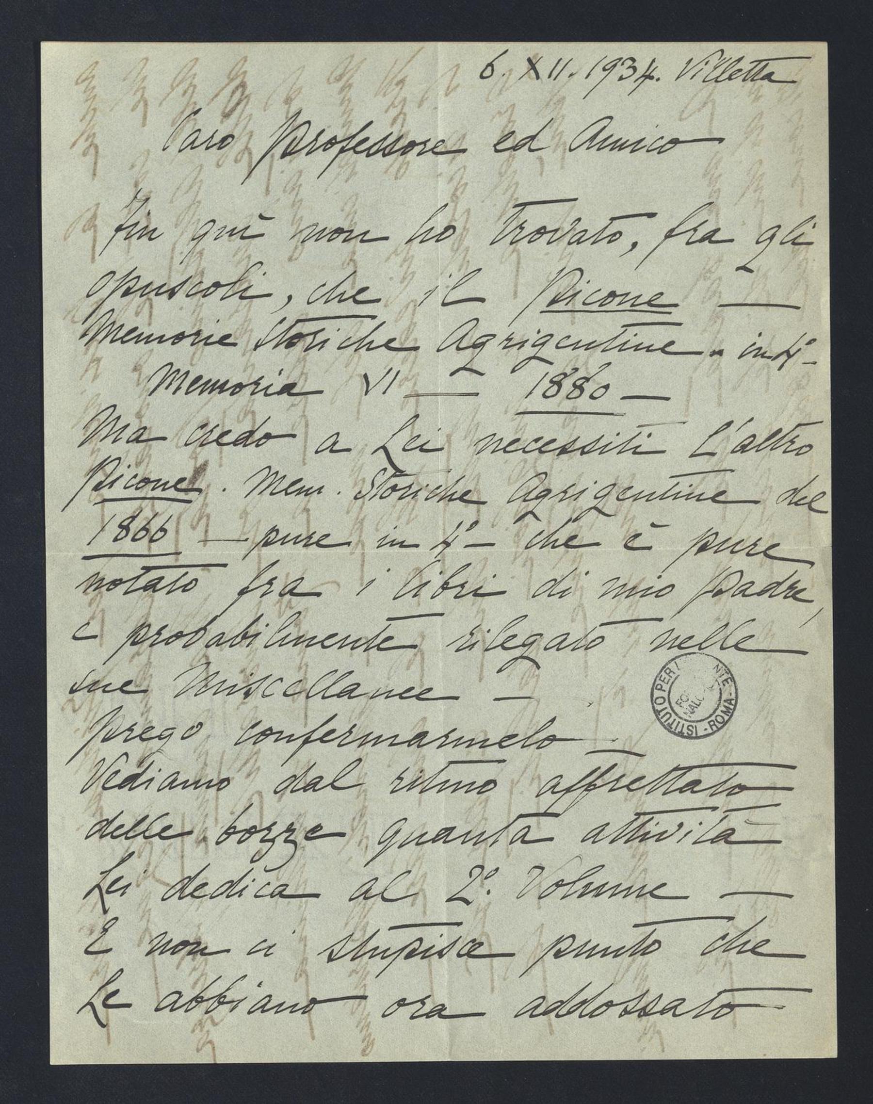 Francesca Amari a Carlo Alfonso Nallino, 6 dic. 1934
