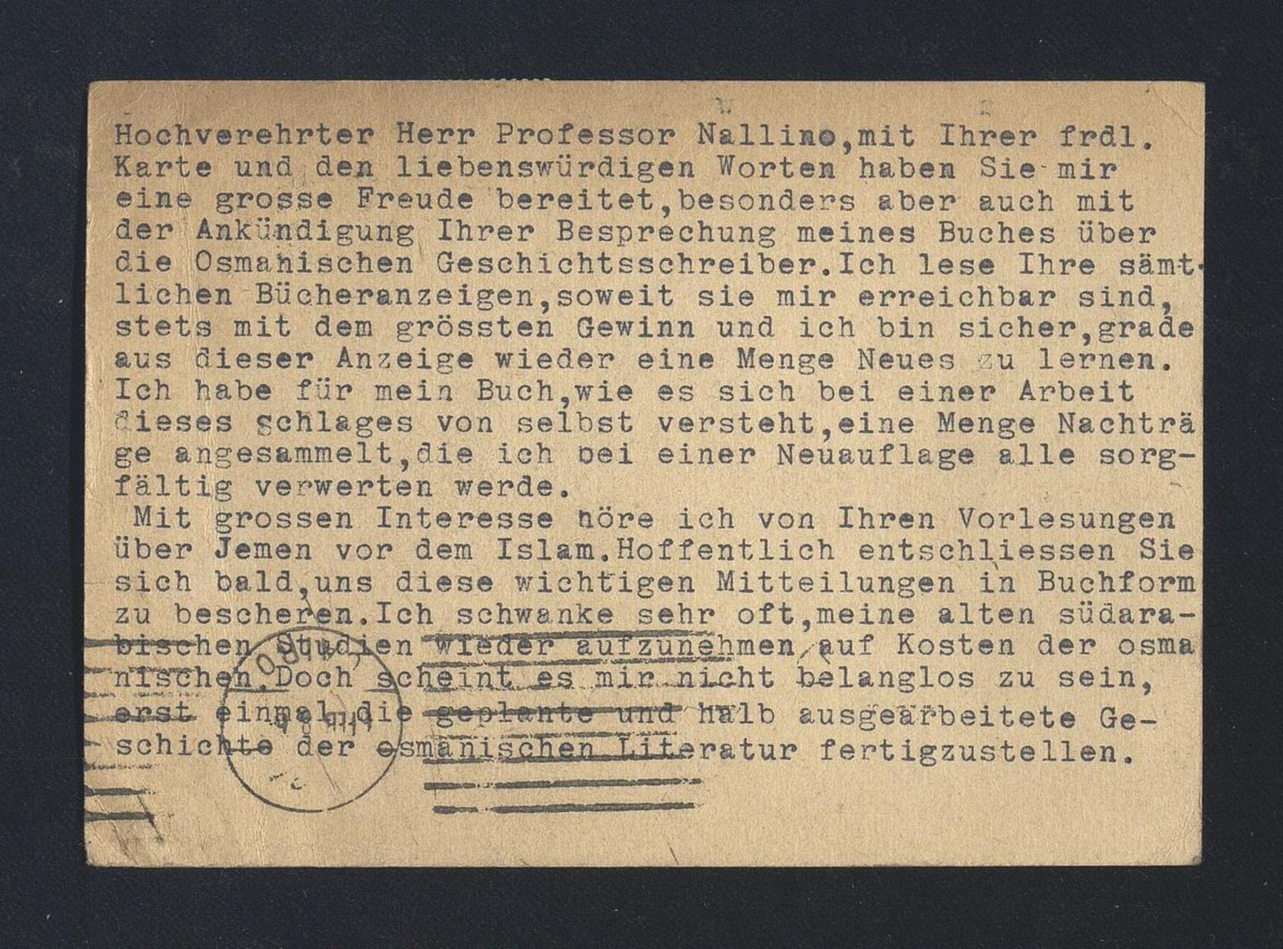 Franz Babinger a Carlo Alfonso Nallino, 1 feb. 1923