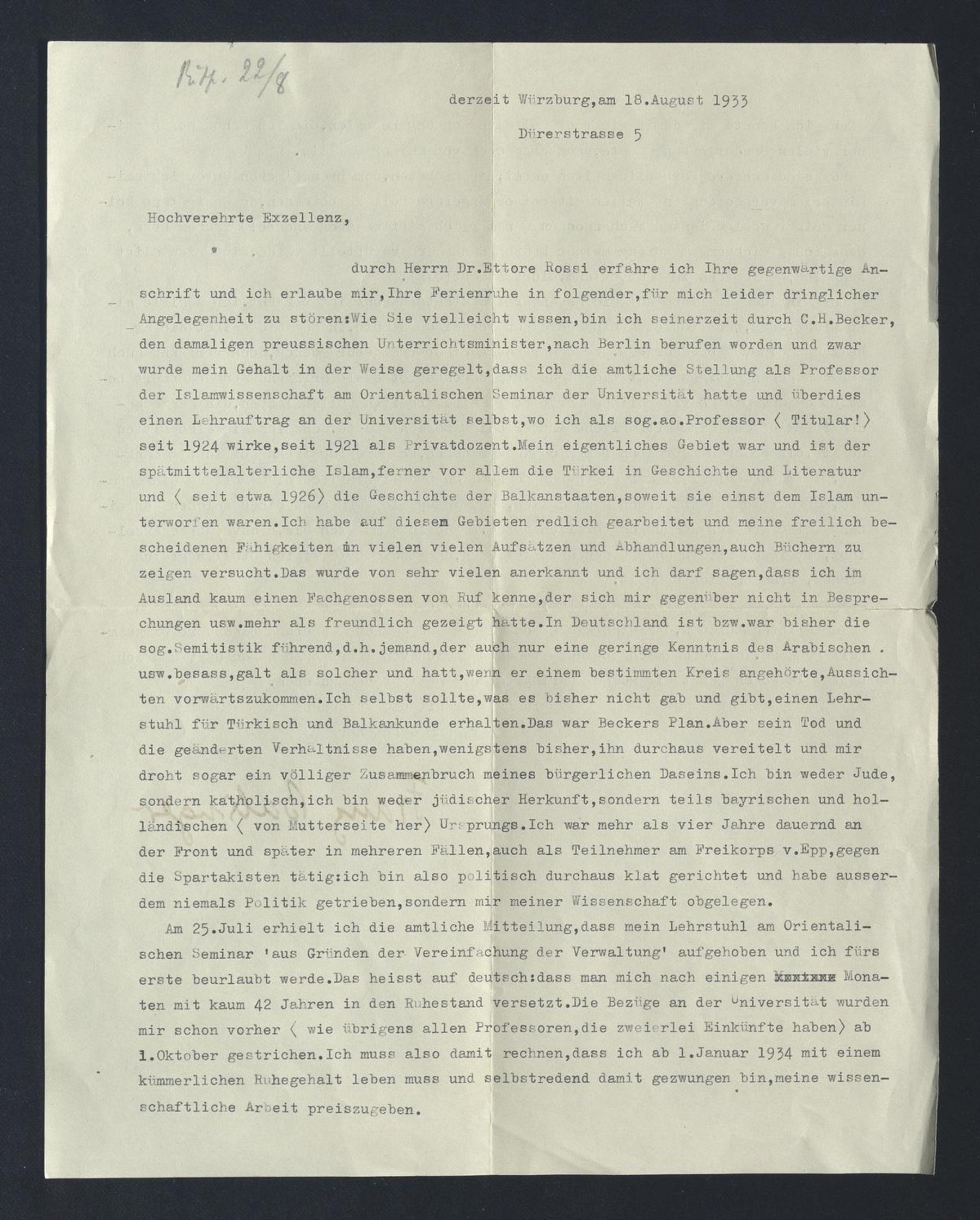 Franz Babinger a Carlo Alfonso Nallino, 18 ago. 1933