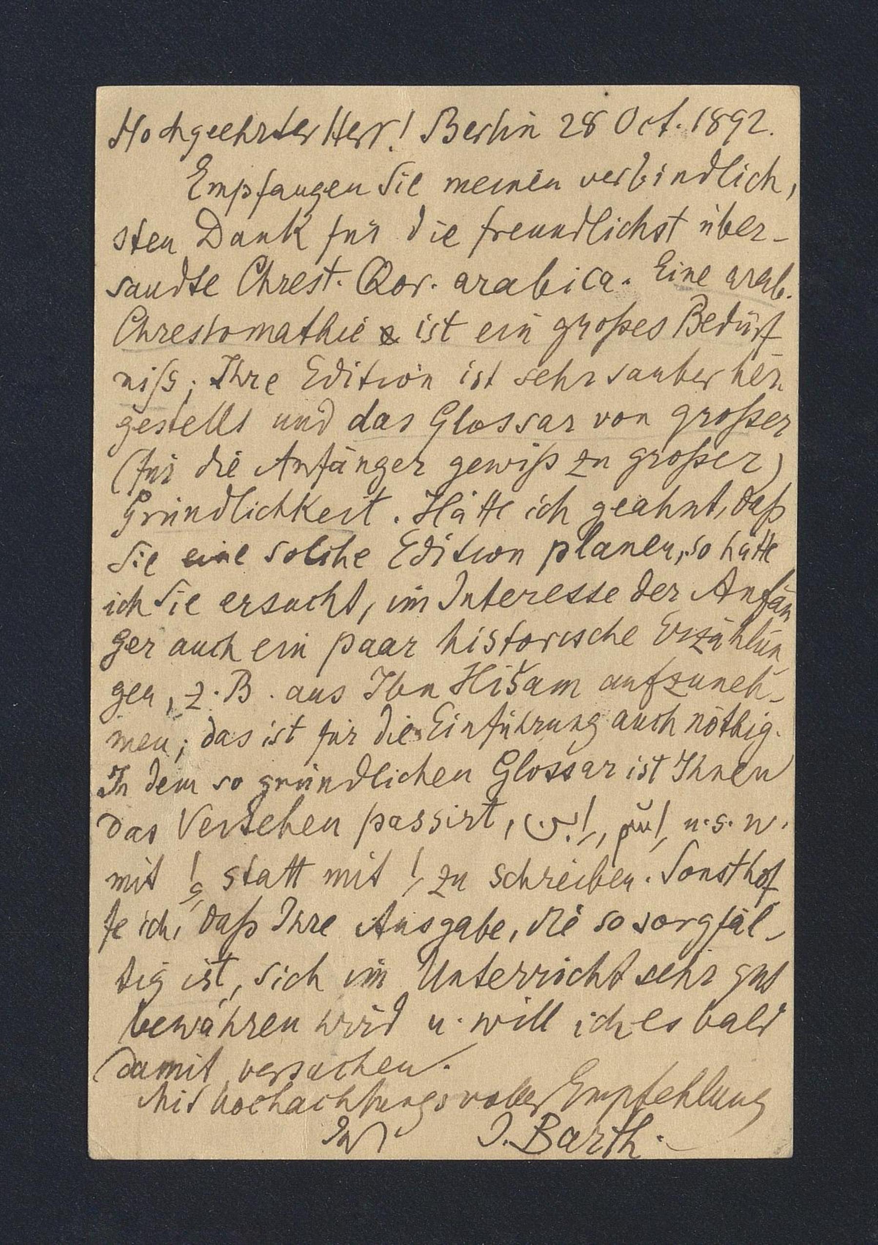 Jakob Barth a Carlo Alfonso Nallino, 28 ott. 1892