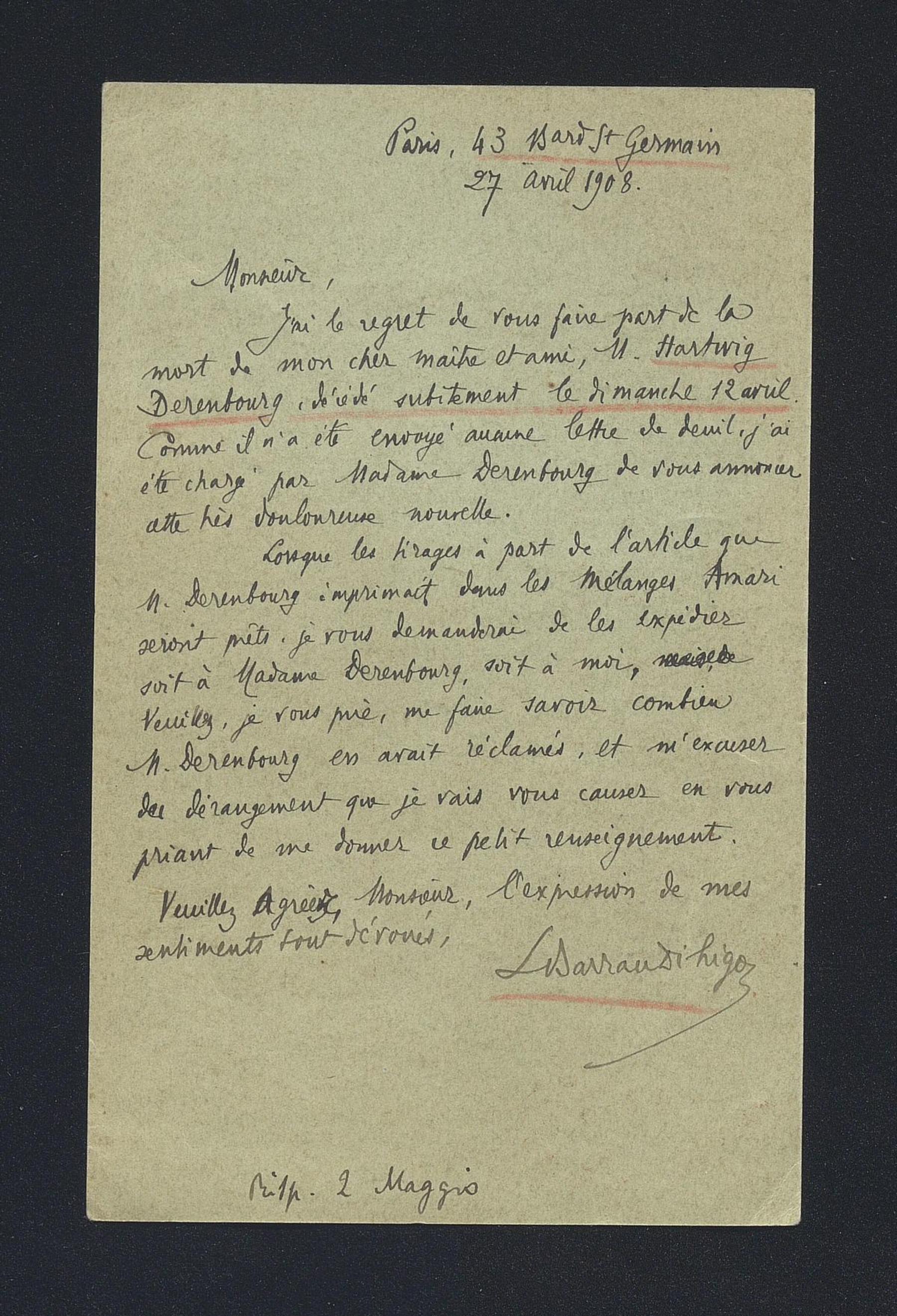 Louis Barrau-Dihigo a Carlo Alfonso Nallino, 27 apr. 1908