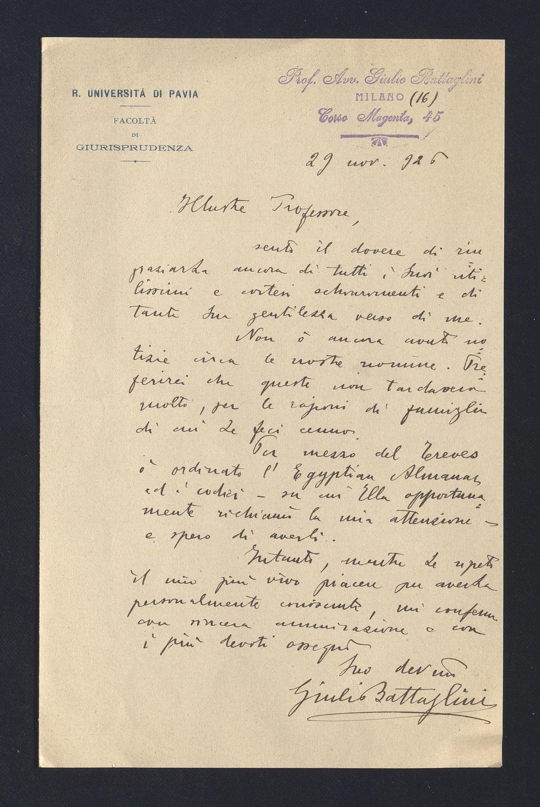Giulio Battaglini a Carlo Alfonso Nallino, 29 nov. 1926