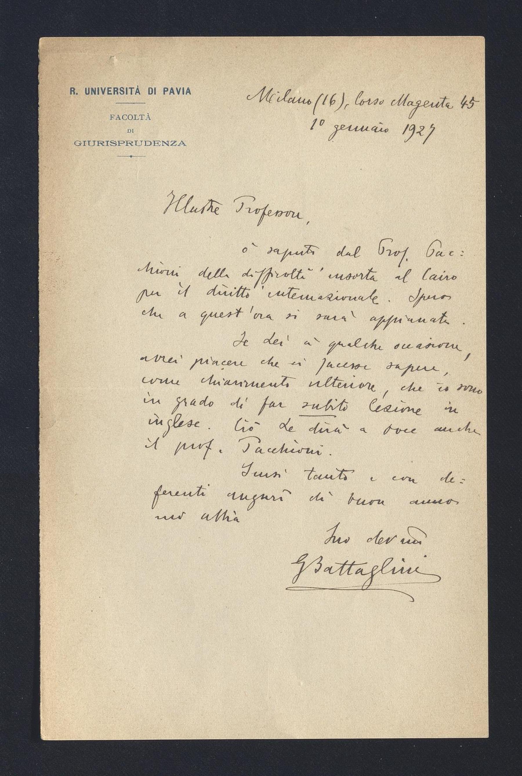 Giulio Battaglini a Carlo Alfonso Nallino, 1 gen. 1927