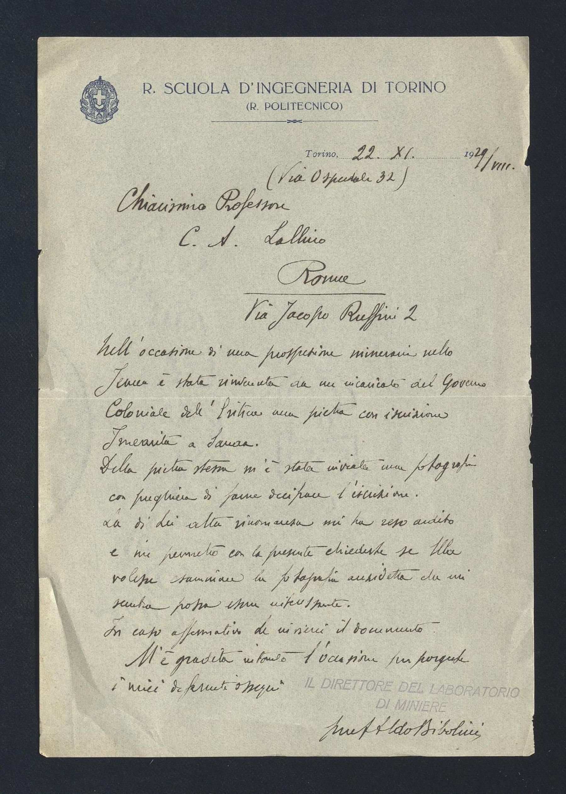 Aldo Bibolini a Carlo Alfonso Nallino, 22 nov. 1929