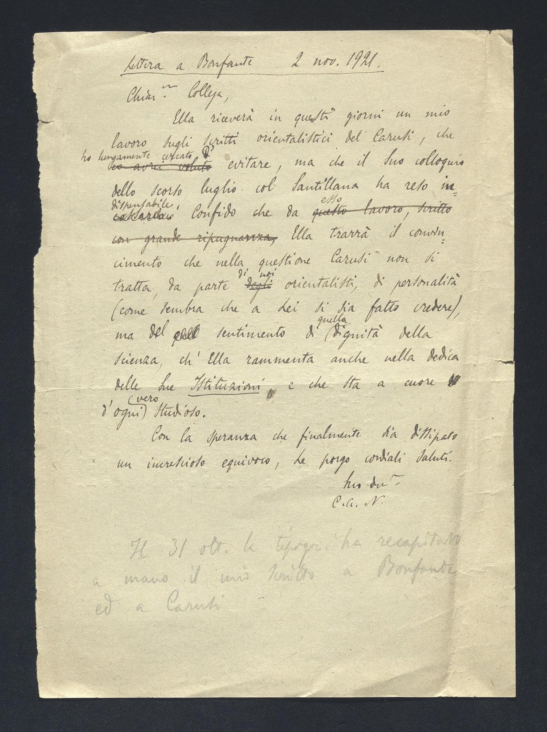 Carlo Alfonso Nallino a Pietro Bonfante, 2 nov. 1921