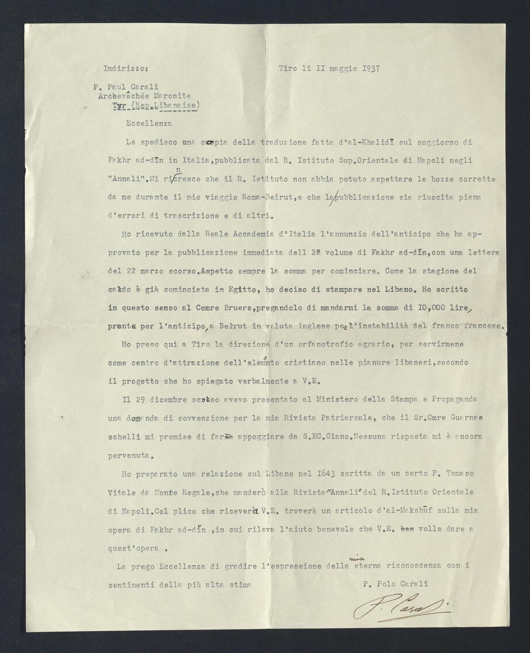 Paul Carali (Būlus Qarʾalī) a Carlo Alfonso Nallino, 11 mag. 1937