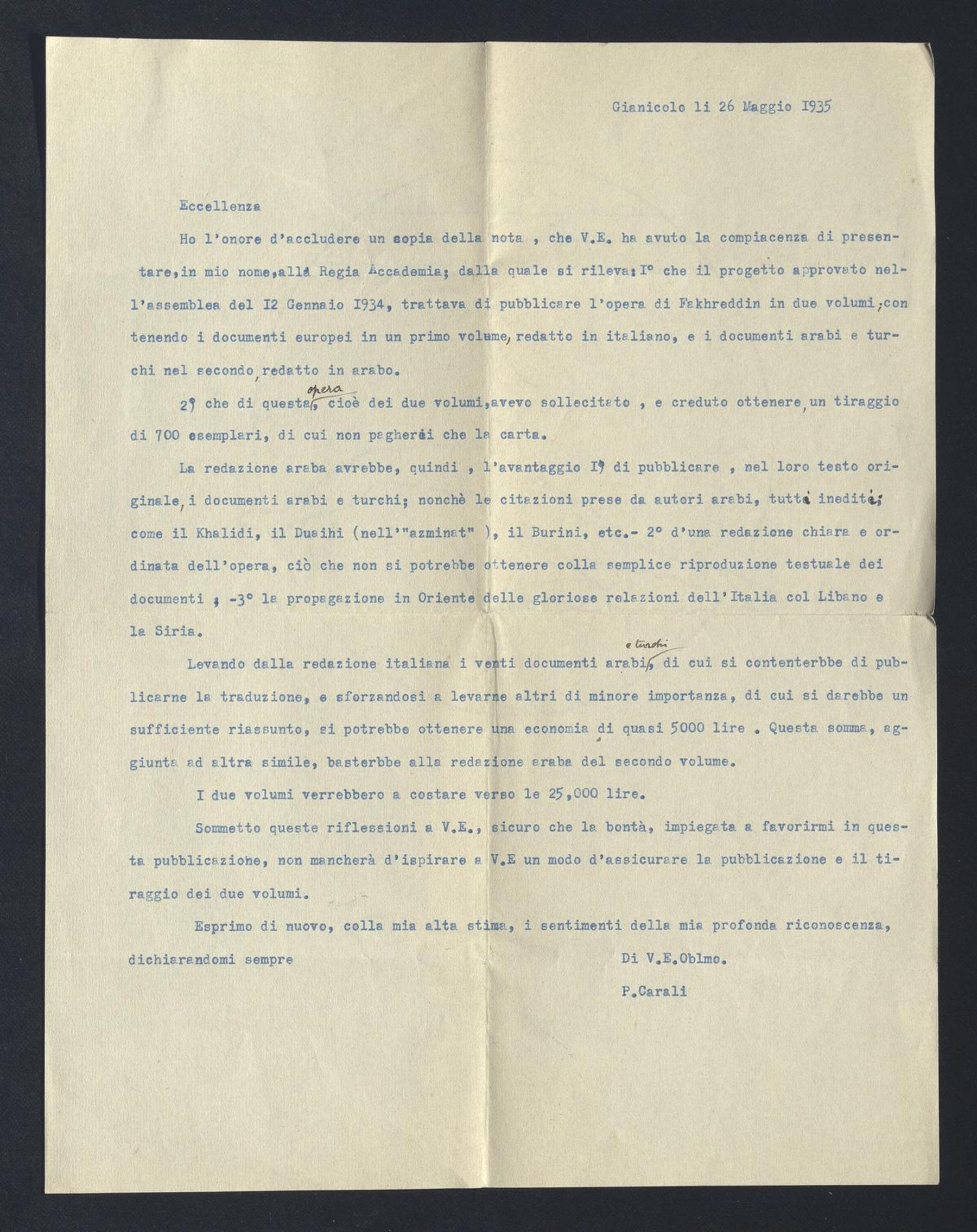 Paul Carali (Būlus Qarʾalī) a Carlo Alfonso Nallino, 26 mag. 1935