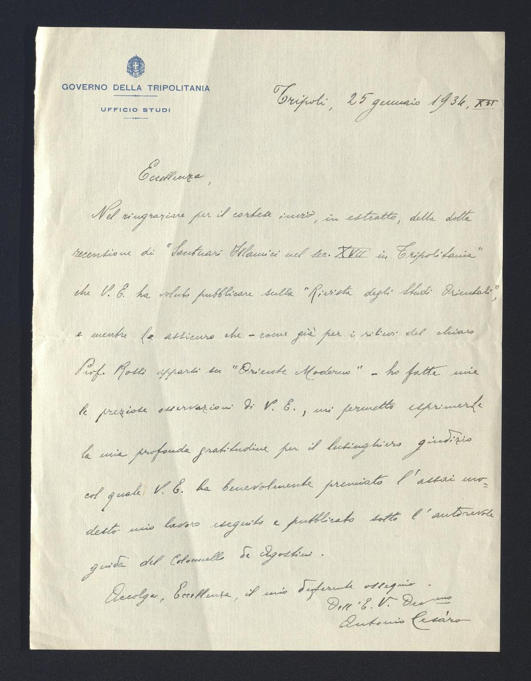 Antonio Cesàro a Carlo Alfonso Nallino, 25 gen. 1934