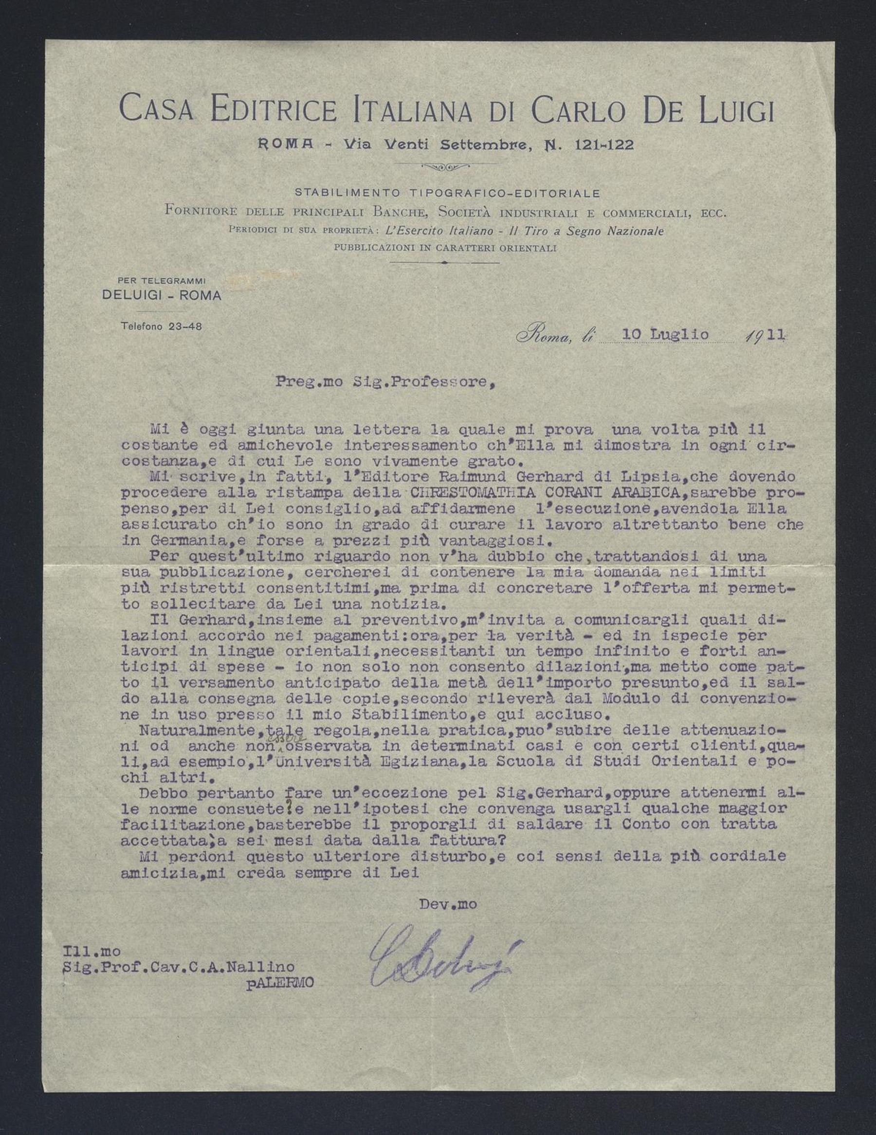 Carlo De Luigi a Carlo Alfonso Nallino, 10 lug. 1911
