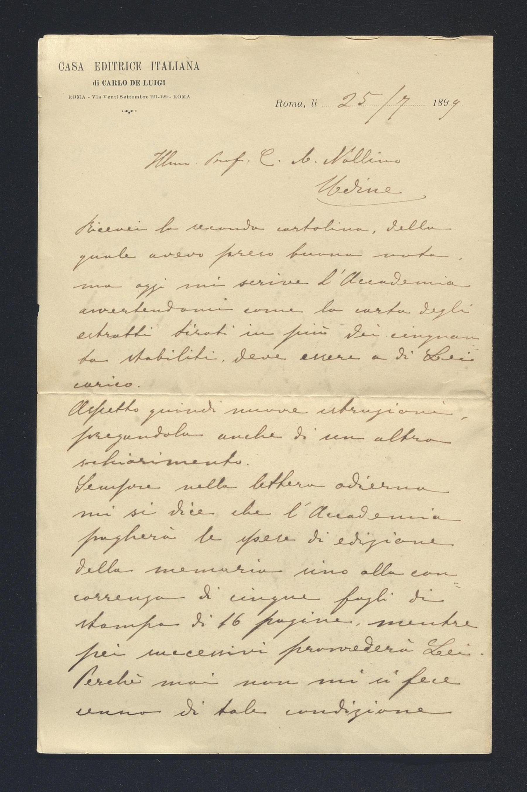 Carlo De Luigi a Carlo Alfonso Nallino, 25 lug. 1899