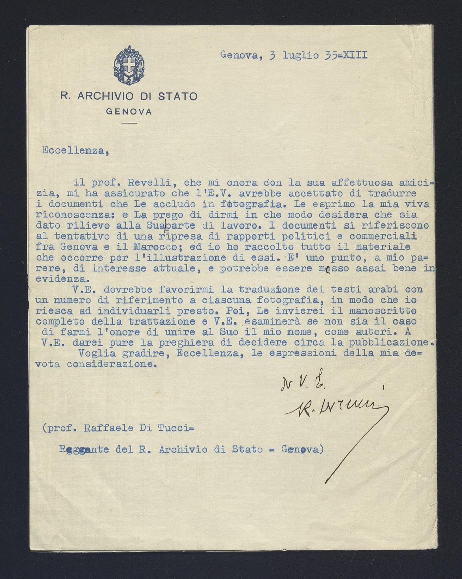 Raffaele Di Tucci a Carlo Alfonso Nallino, 3 lug. 1935