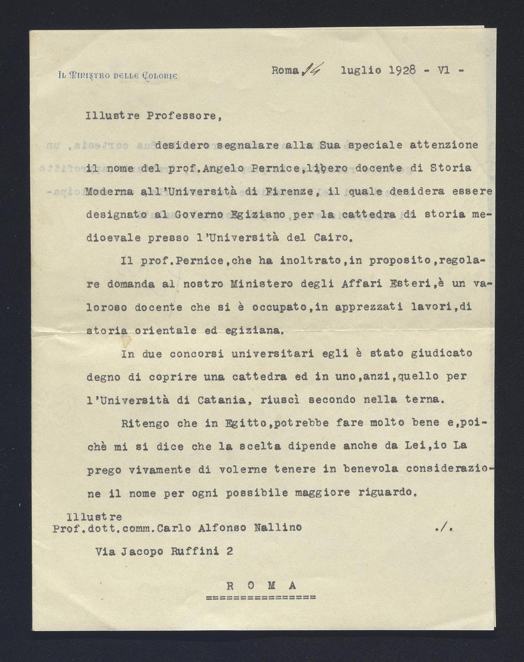Luigi Federzoni, ministro delle colonie, a Carlo Alfonso Nallino, 14 lug. 1928