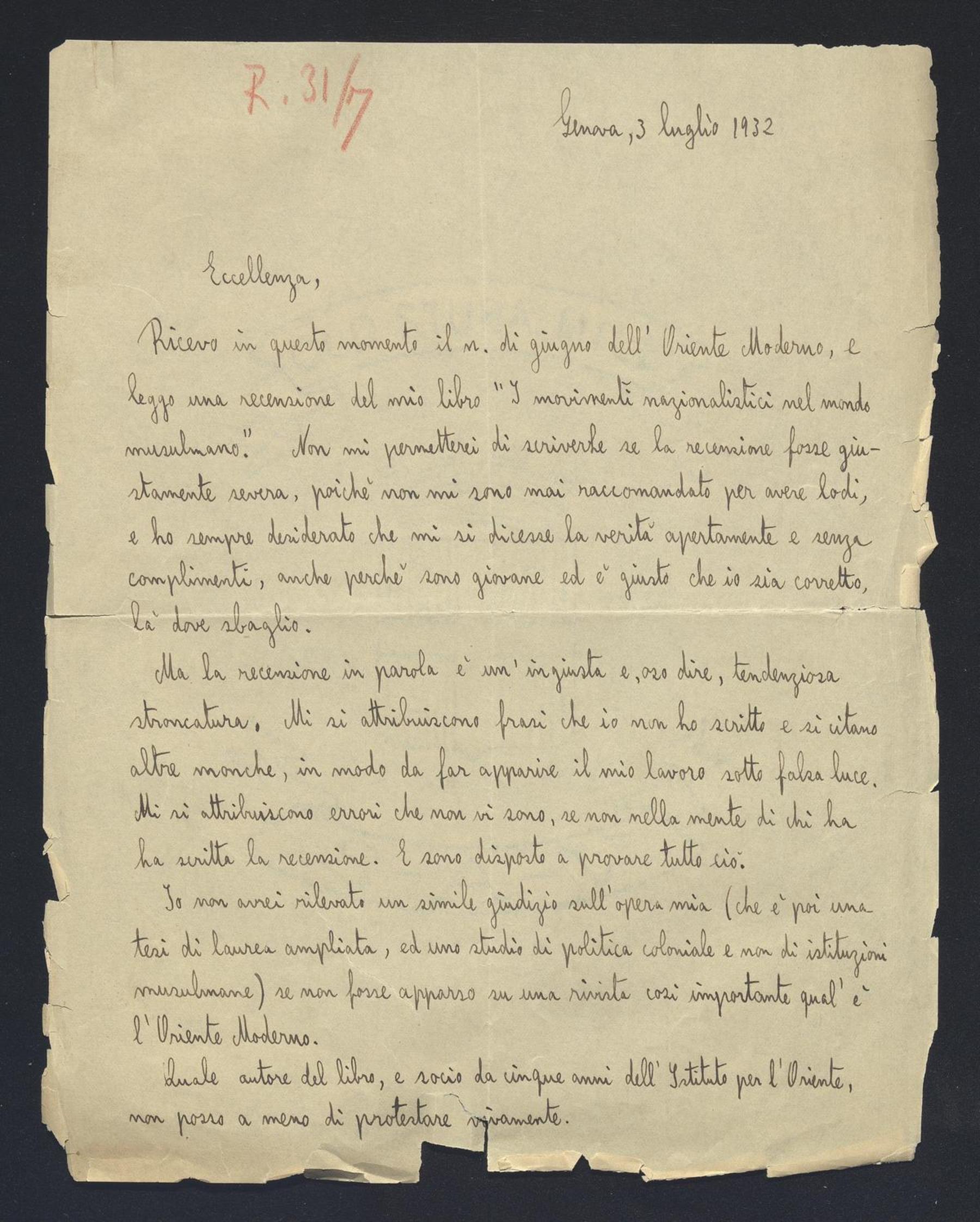 Emanuele Ghersi a Carlo Alfonso Nallino, 3 lug. 1932