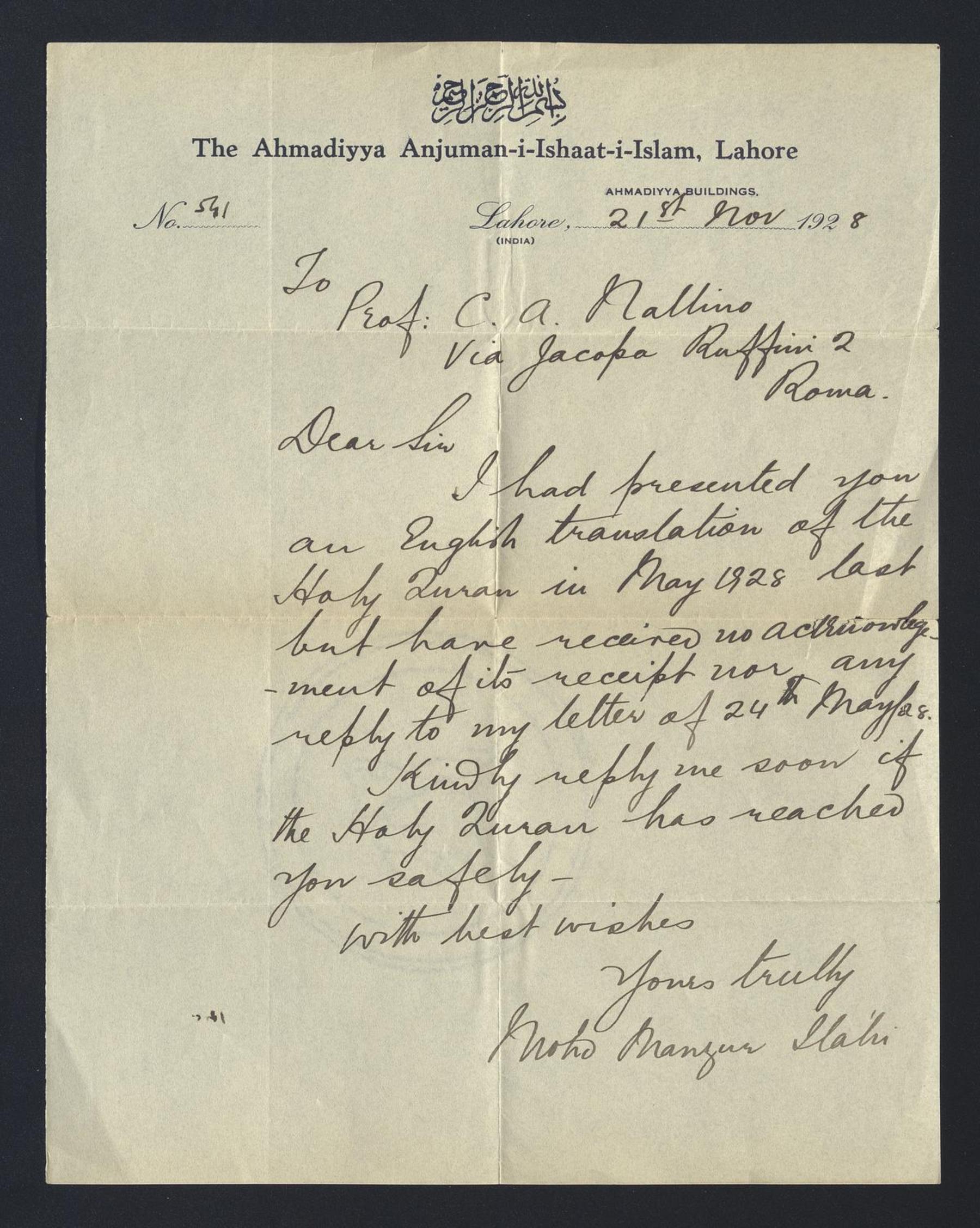 Muhammad Manzur Ilahi a Carlo Alfonso Nallino, 21 nov. 1928