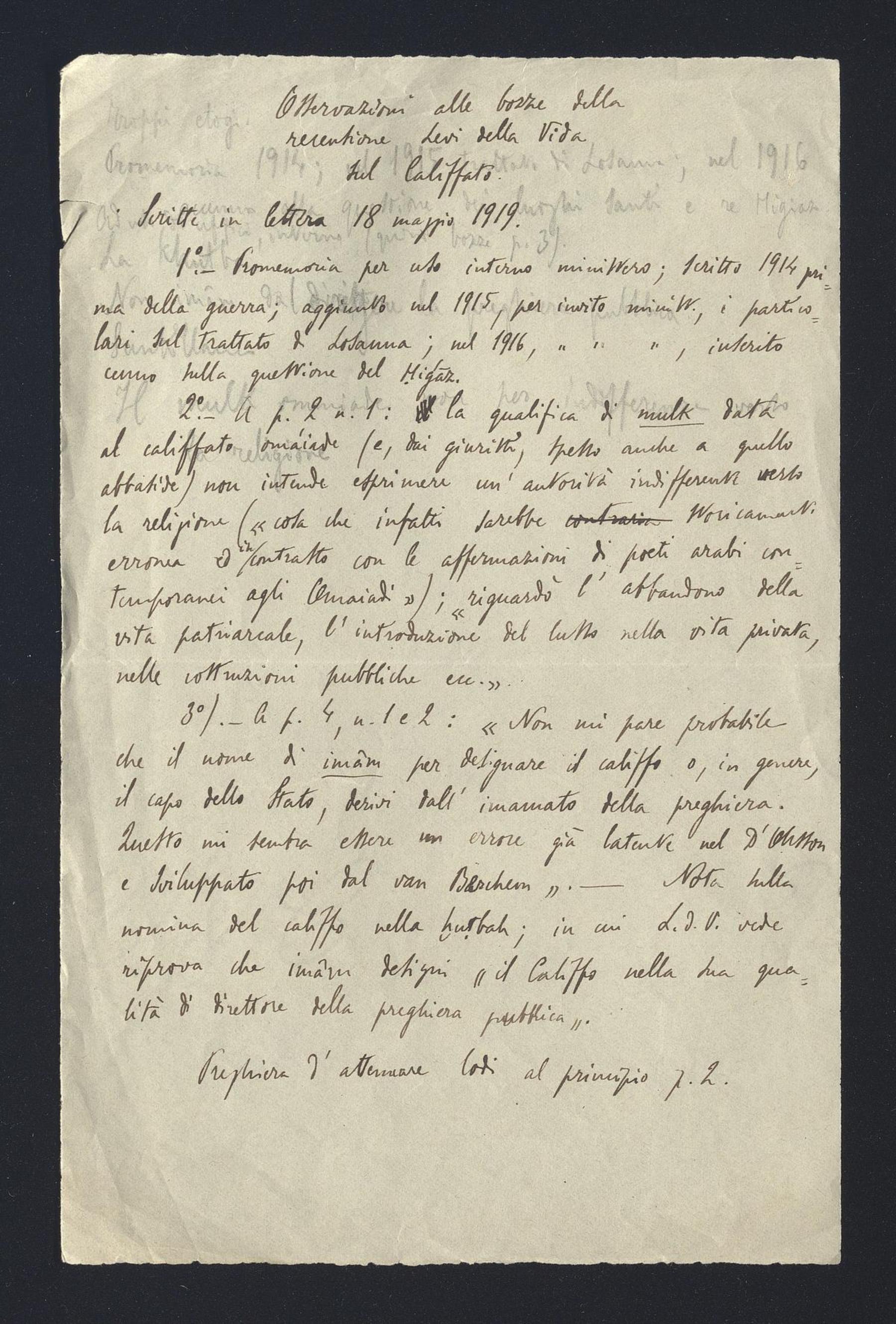 Carlo Alfonso Nallino a Giorgio Levi Della Vida, 18 mag. 1919