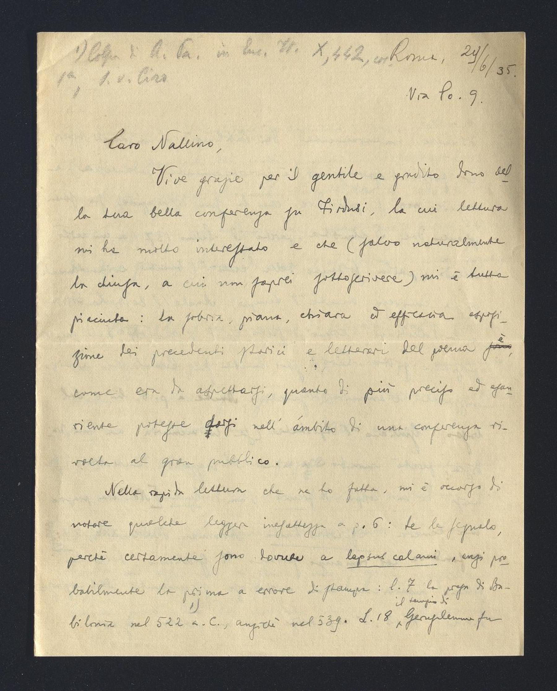 Giorgio Levi Della Vida a Carlo Alfonso Nallino, 29 giu. 1935