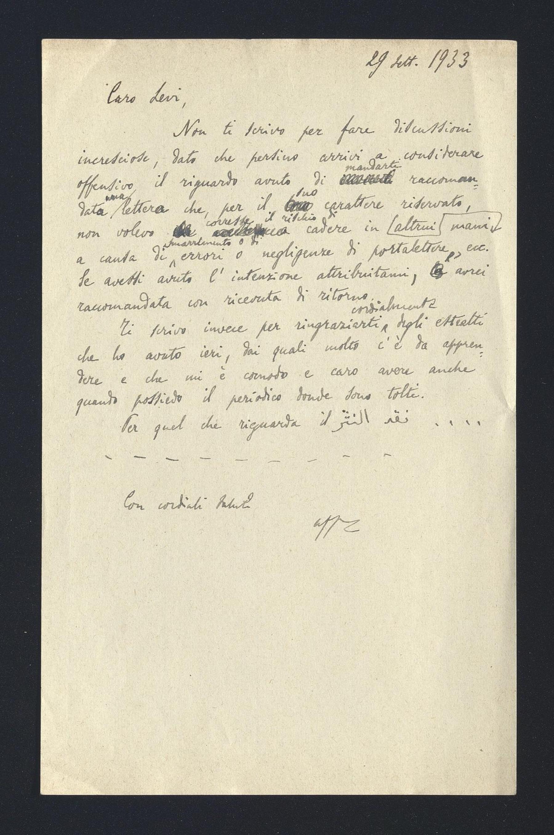 Carlo Alfonso Nallino a Giorgio Levi Della Vida, 29 set. 1933