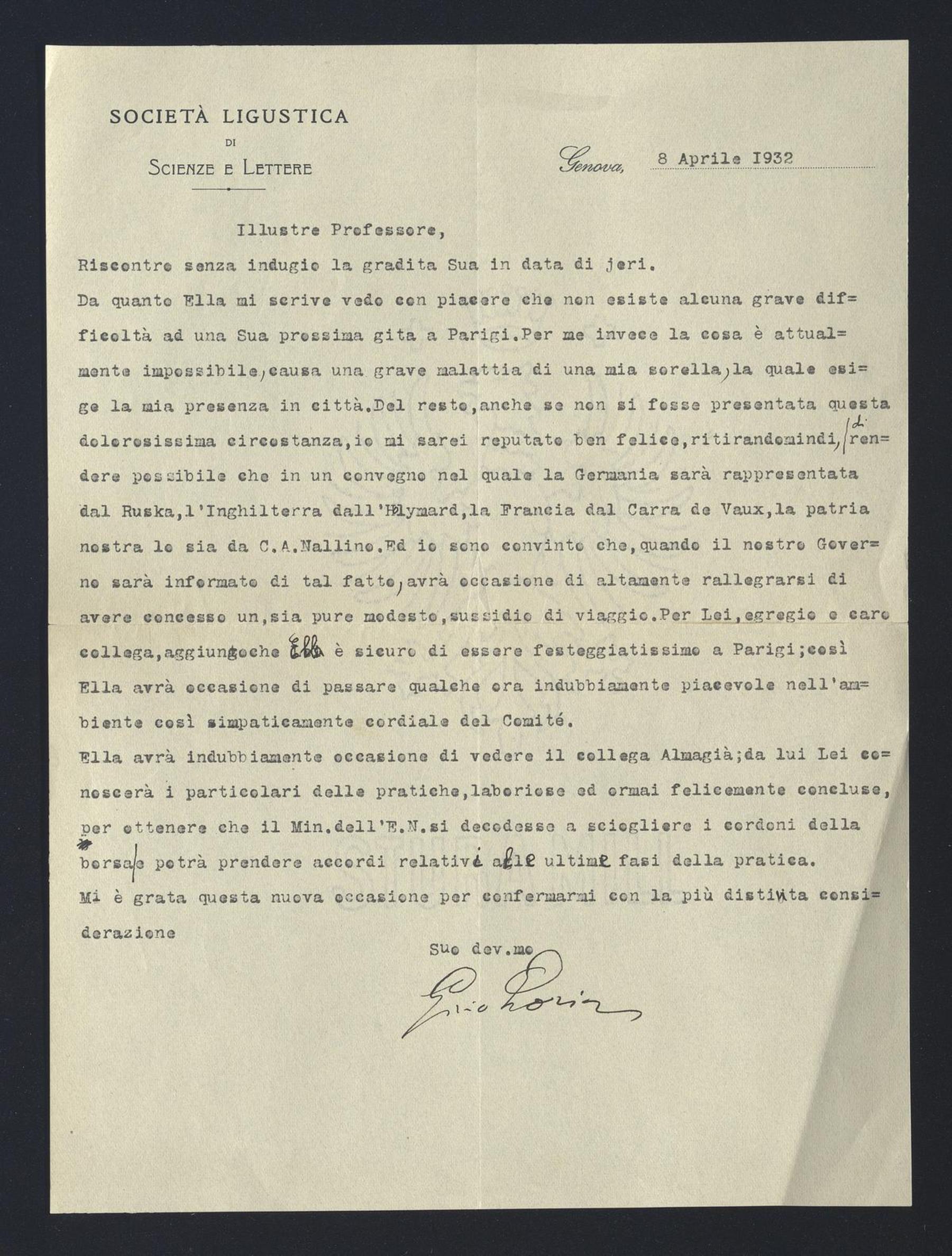 Gino Loria a Carlo Alfonso Nallino, 8 apr. 1932