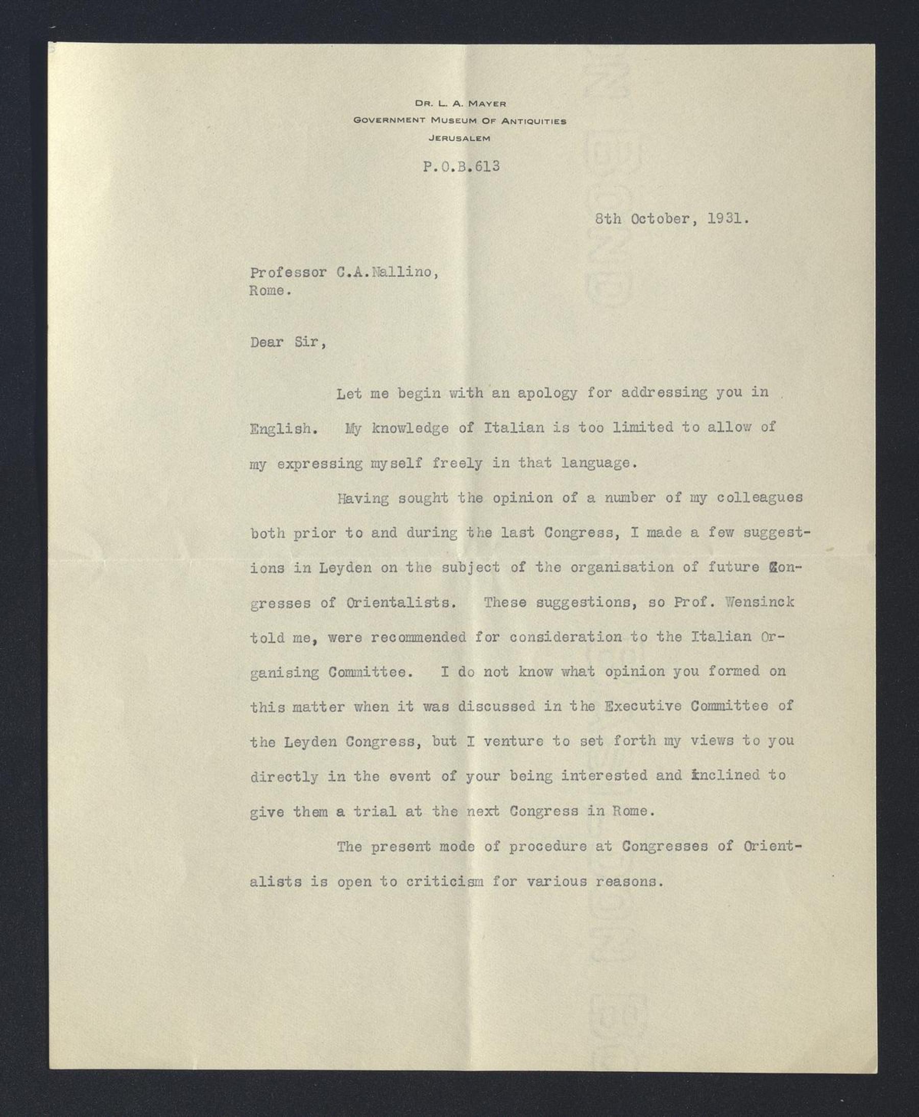 Leo Arie Mayer a Carlo Alfonso Nallino, 8 ott. 1931