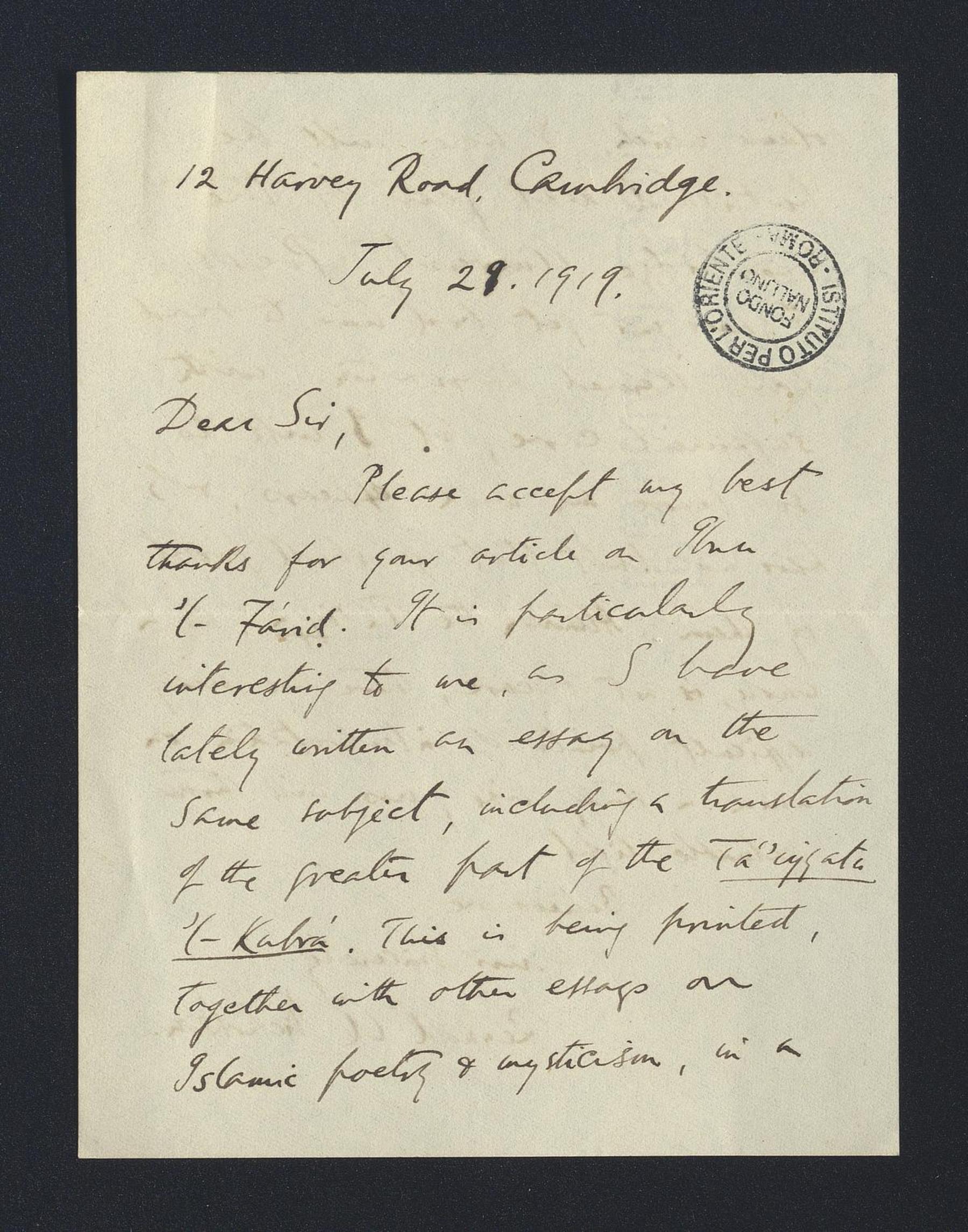 Nicholson, Reynold Alleyne, 1919 - 1921