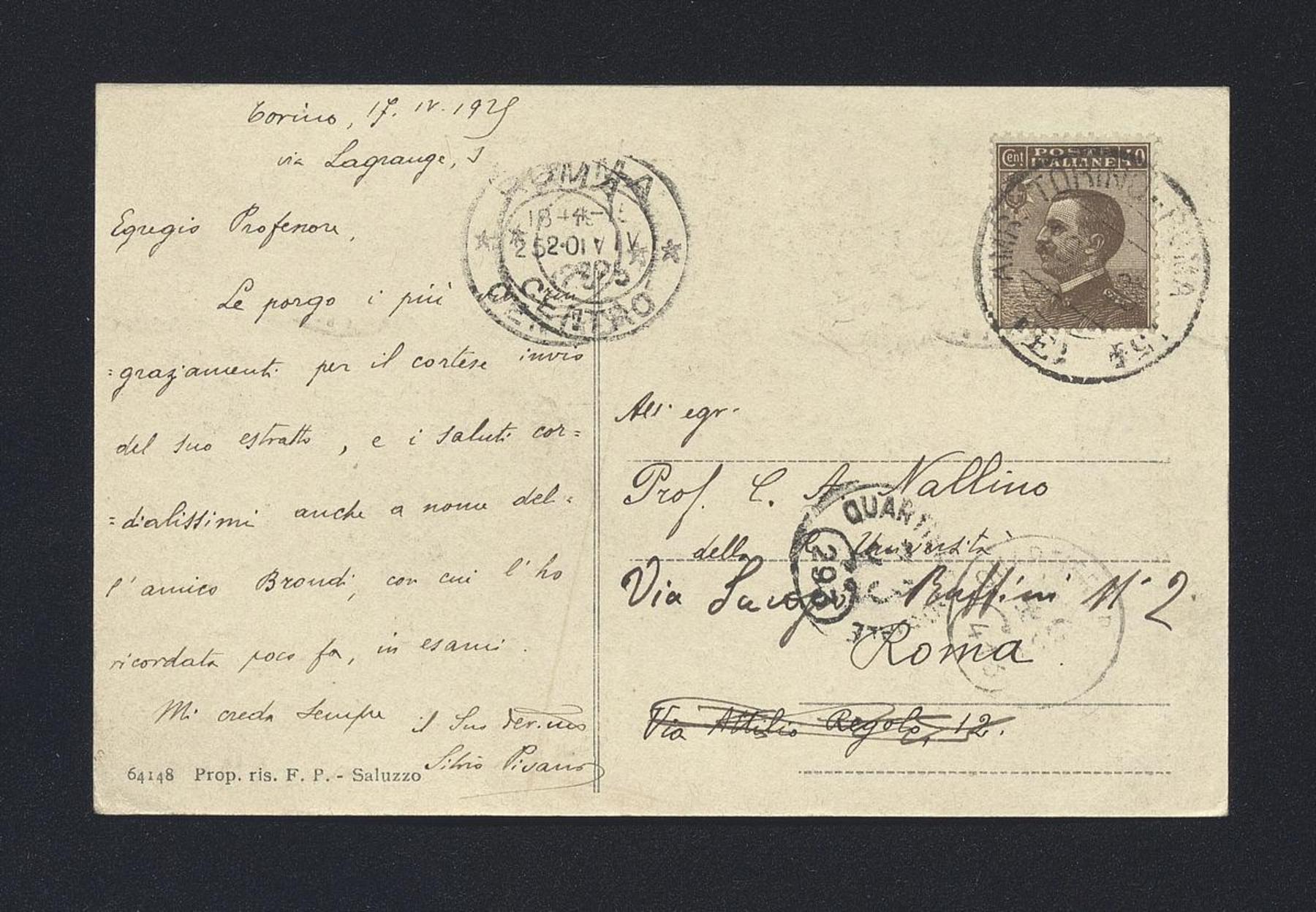 Silvio Pivano a Carlo Alfonso Nallino, 17 apr. 1925