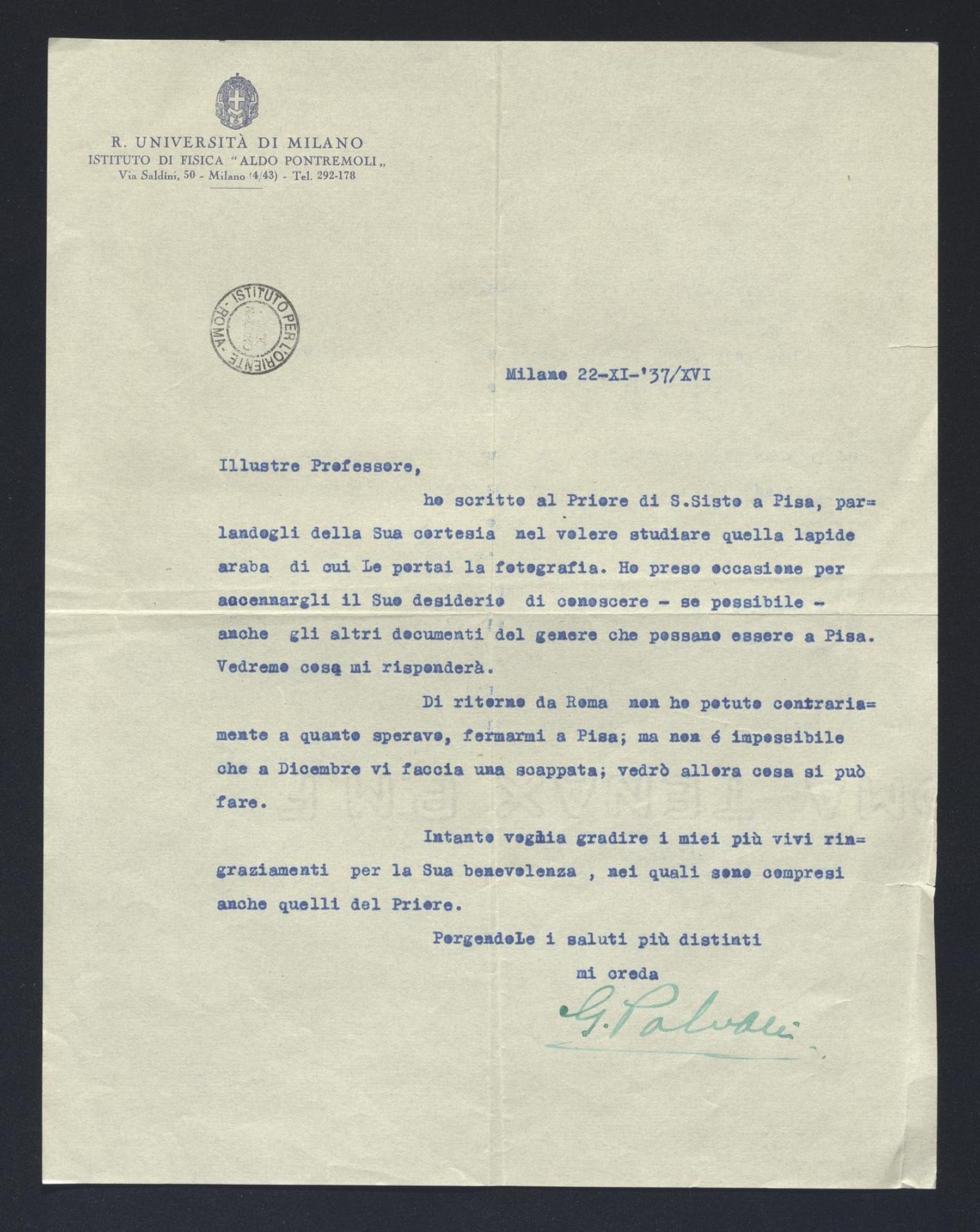 Giovanni Polvani a Carlo Alfonso Nallino, 22 nov. 1937