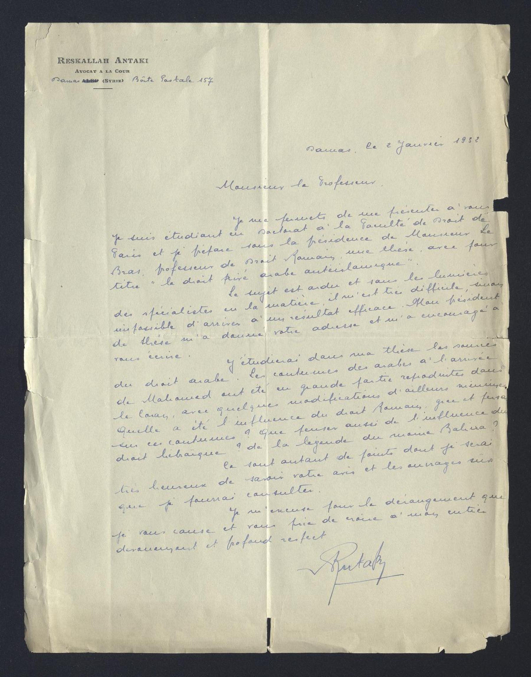 Antaki Reskallah a Carlo Alfonso Nallino, 2 gen. 1932