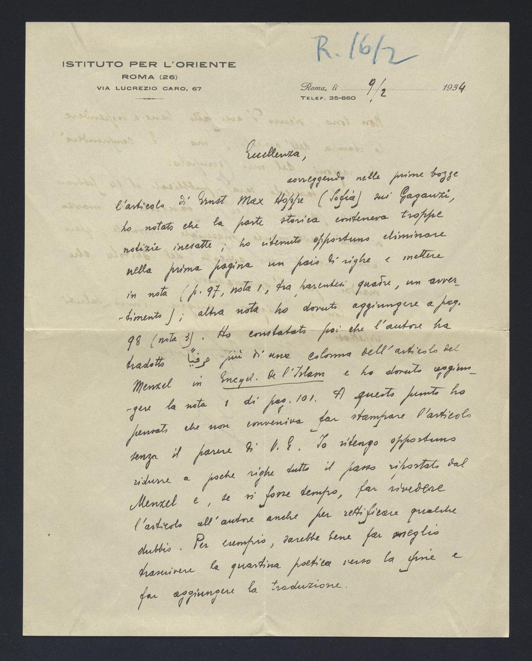 Ettore Rossi a Carlo Alfonso Nallino, 9 feb. 1934