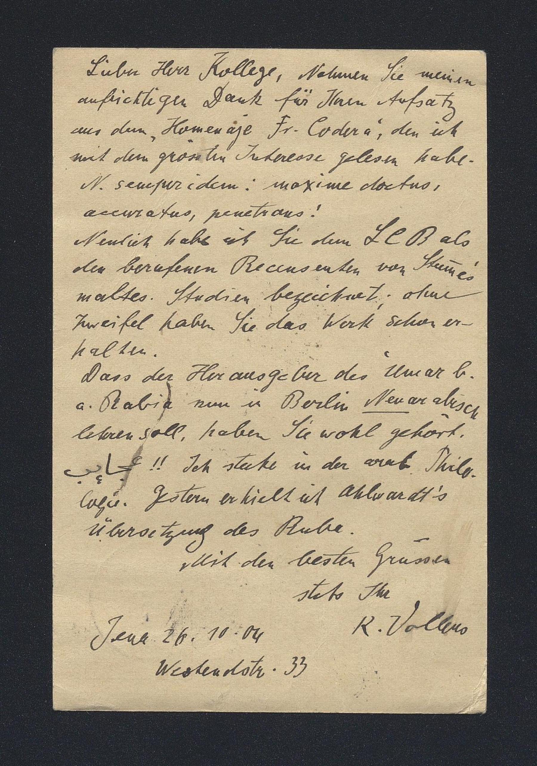 Karl Vollers a Carlo Alfonso Nallino, 26 ott. 1904