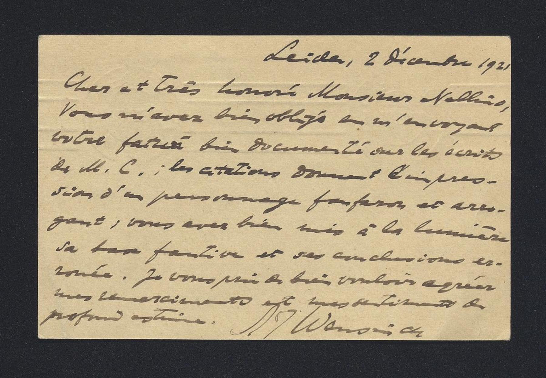 Arent Jan Wensinck a Carlo Alfonso Nallino, 2 dic. 1921