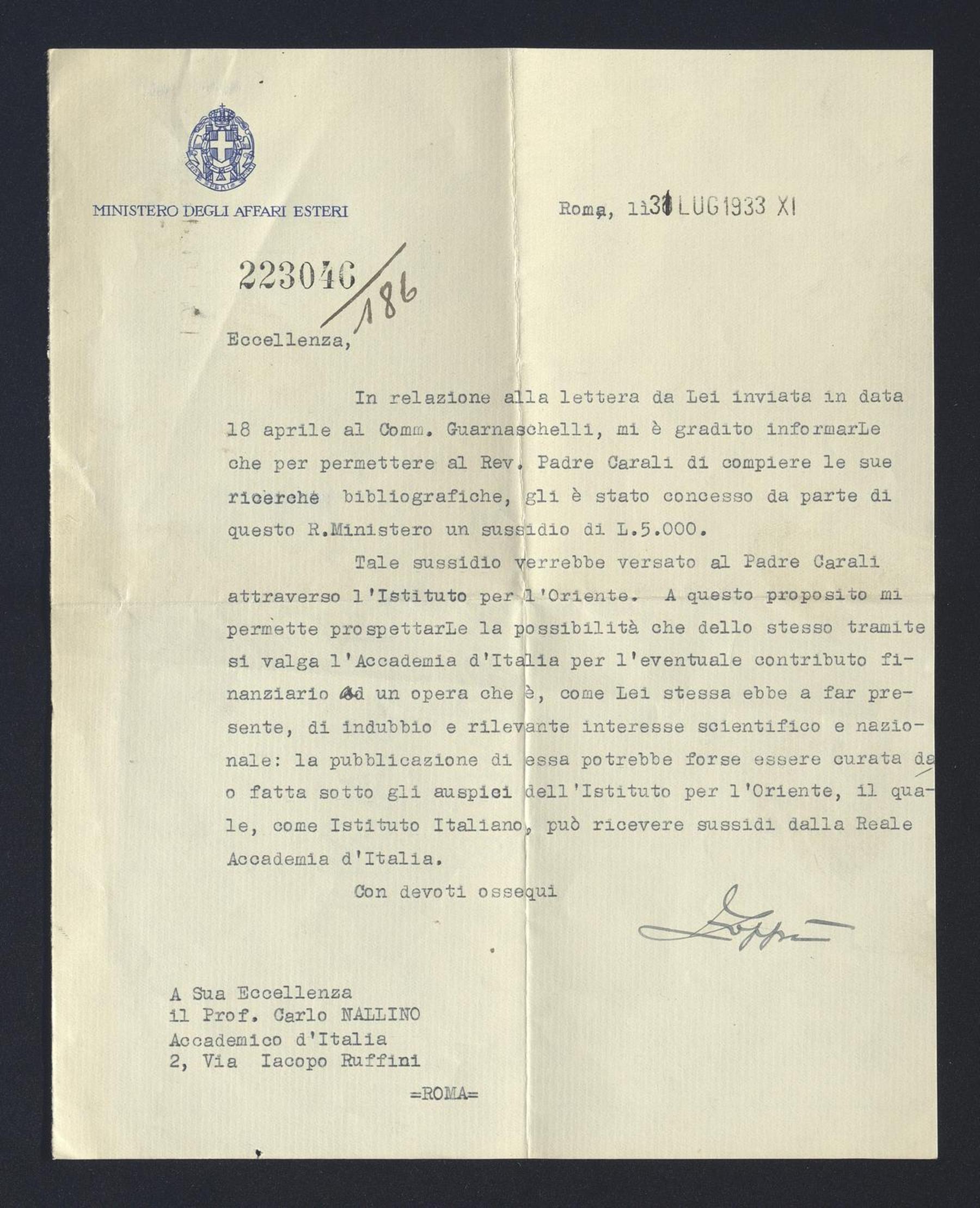 Vittorio Zoppi a Carlo Alfonso Nallino, 3 lug. 1933